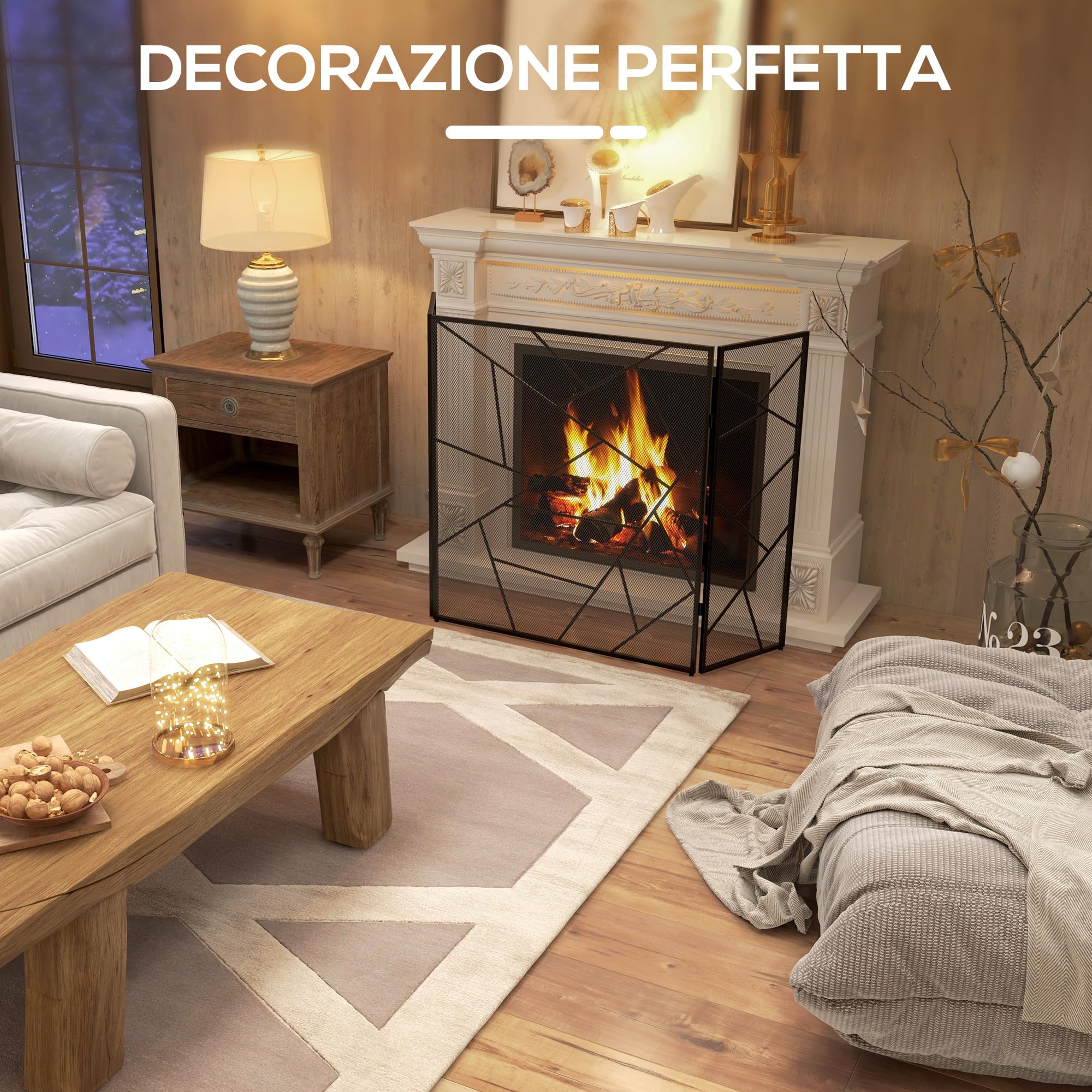 HOMCOM Griglia Parascintille per Camino Pieghevole a 3 Pannelli, Schermo per Caminetto in Acciaio con Design Geometrico, 135x1.2x85cm, Nero