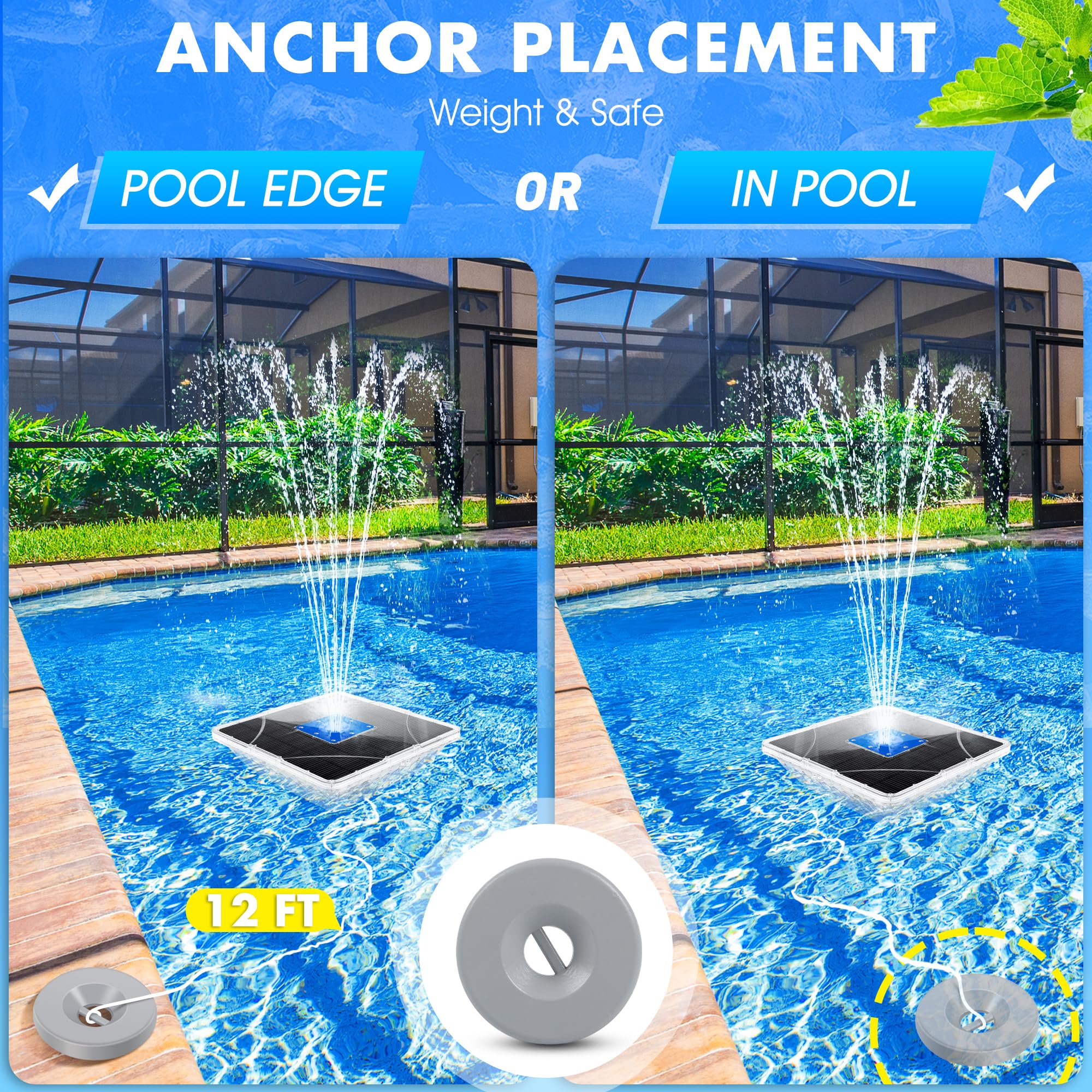 LanBlu Fuente Solar con Espectáculo de Luces, 24 * 24CM Fuente Flotante para Piscina con Ancla, 7 Modo de Iluminación Fuente Solar Jardin Exterior, Flotante Fuentes Solars para Estanque Piscina