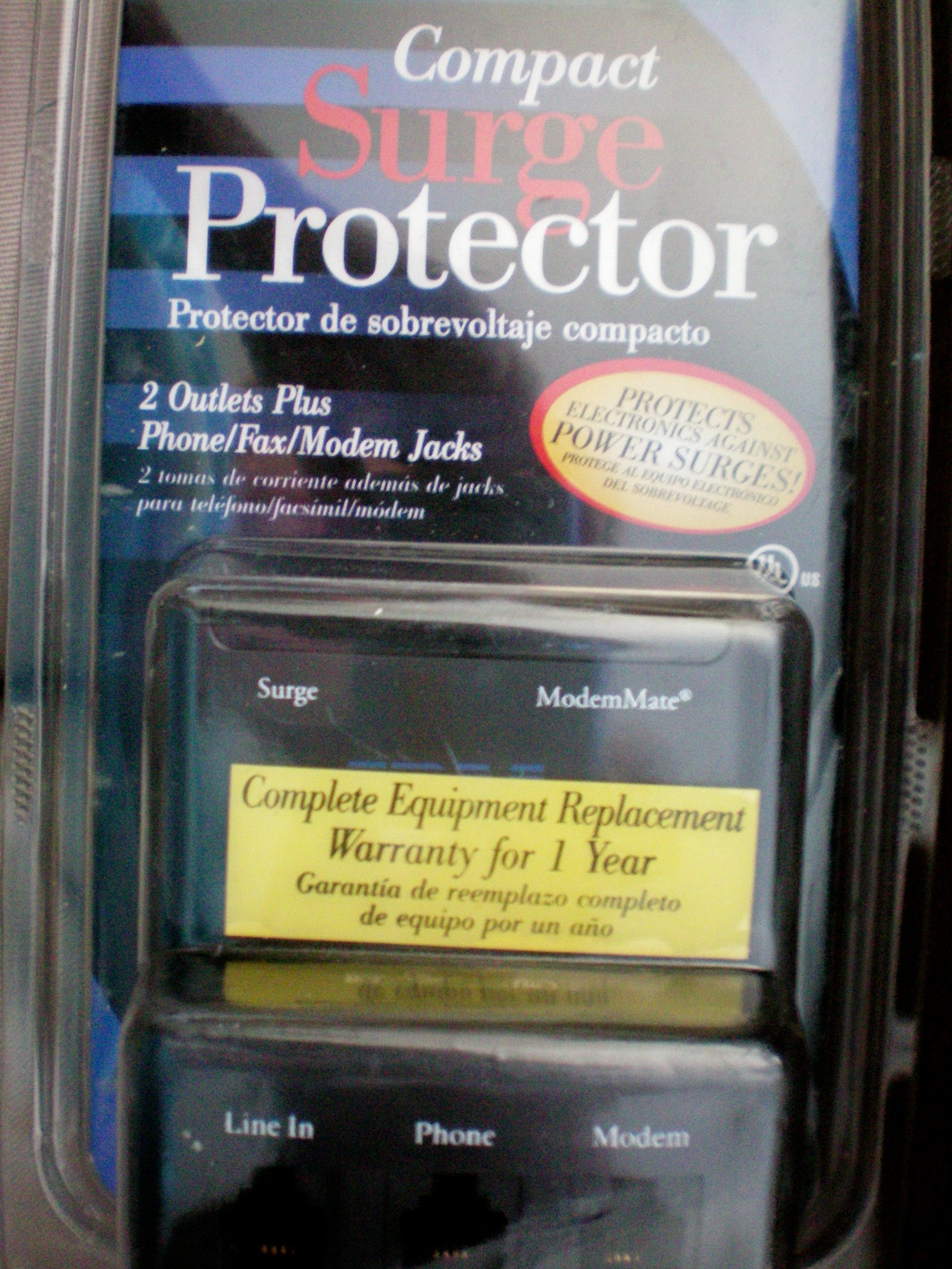 Compact Surge Protector - Protector de sobrevoltaje compacto - 2 Outlets Plus Phone/Fax/Modem Jacks