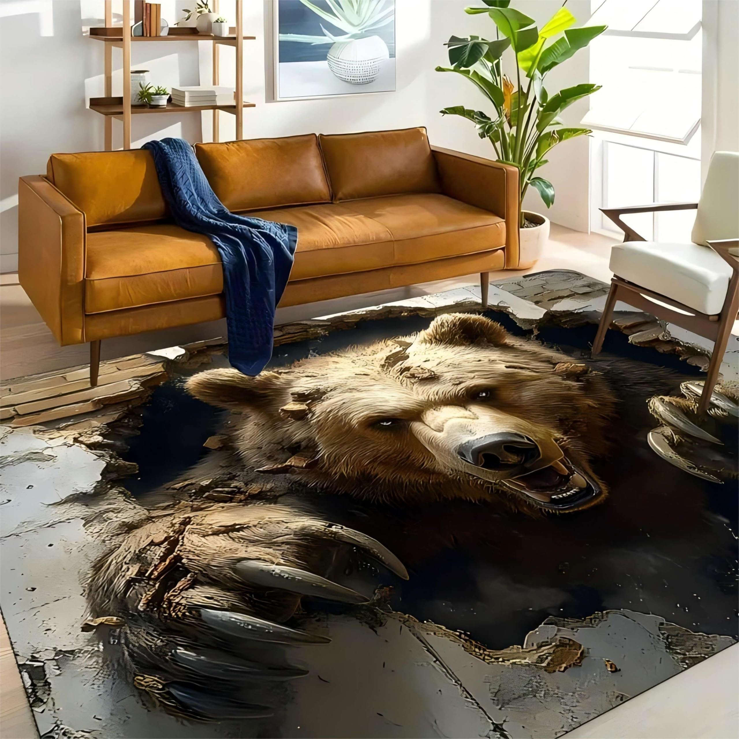 Kuluoits Animal Print Area Rug,60x90cm,3D Optical Illusion Fierce Wild Animal Bear Cool Rugs Floor Mats, Non-Slip Durable Washable Bear Rugs for Living Room Bedroom Playroom Kids Room Home Decoration