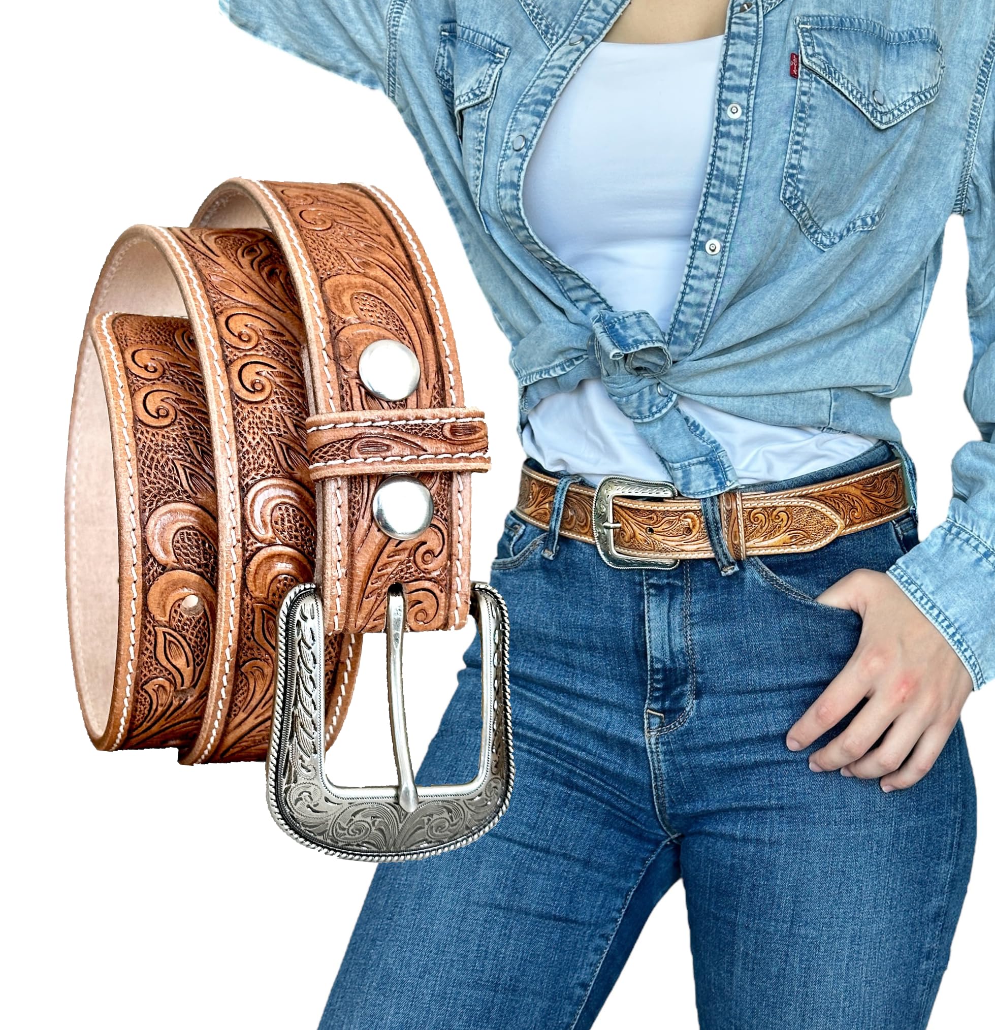DANIEL'S ARTPLANET Women’s Western Leather Belt Cowgirl Belt For Jeans Pants Dresses Engraved Tooled Ladies Western Belt