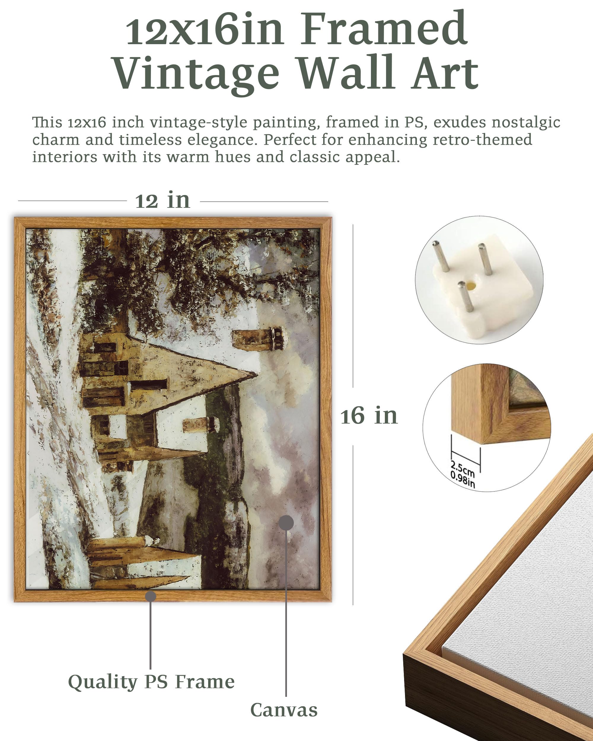 UPWOIGH Vintage Framed Wall Art,12x16in Gustave Courbet Village Edge in Winter Poster,Rustic Country roads Oil Painting,Winter Landscape Cottage Prints for Living Room Bedroom,Office Desk Décor,Gift - Image 2
