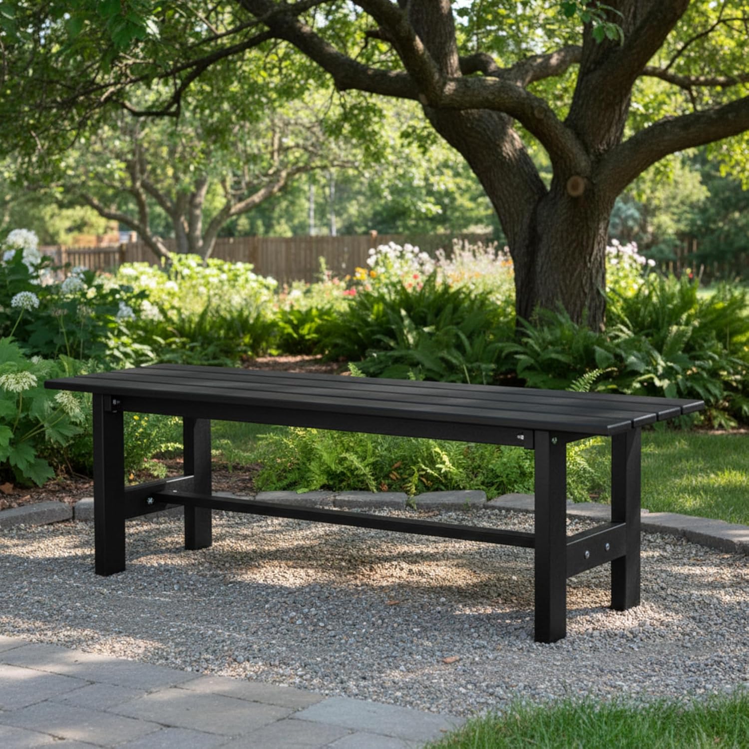 Tangkula 47 Inch HDPE Outdoor Bench Backless, Patio Garden Dining Bench with Slatted Seat & Heavy-duty Metal Frame, 660 LBS Capacity, Weatherproof Outside Bench for Park, Yard, Entryway & Porch, Black