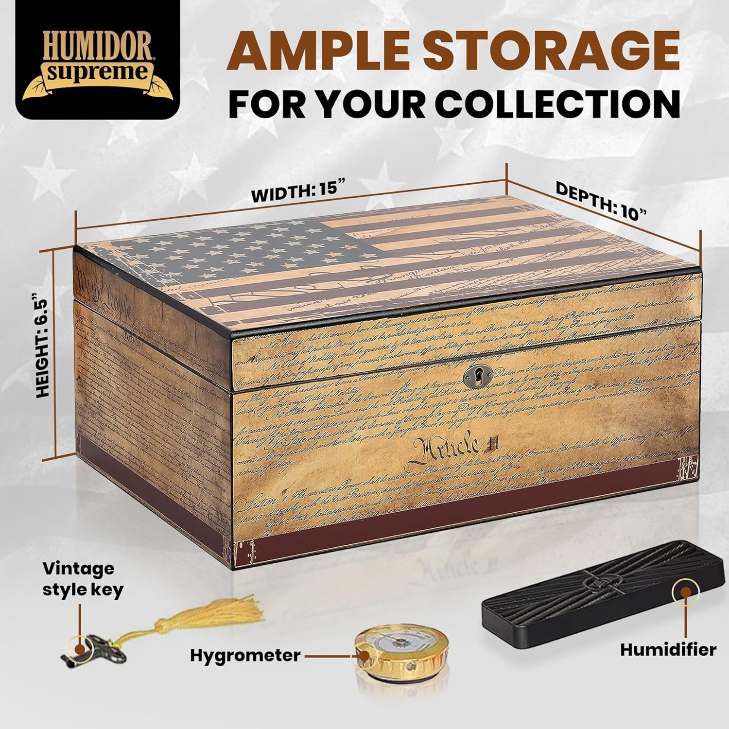 US Constitution Cigar Humidor, Desktop Cigar Storage with Spanish Cedar Tray & Divider, Antique Distressed Finish | Cigar Box with Humidifier & Glass Hygrometer, Holds up to 100 Cigars