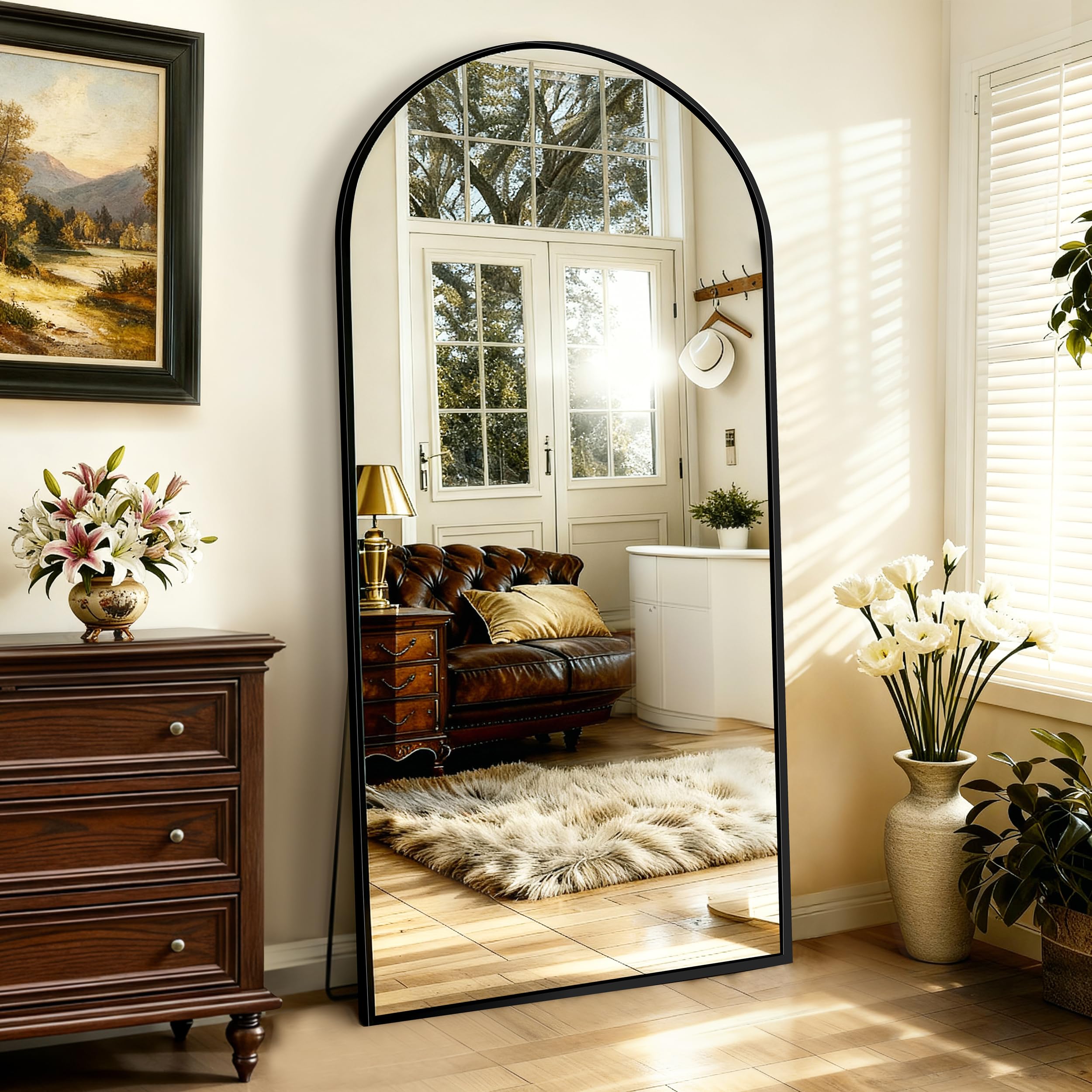 71x32" Large Arched Full Length Mirror, Black Floor Standing Mirrors for Bedroom, Full Body Dressing Mirror with Stand, Tempered Glass Safety Wall Mirror for Living Room, Bathroom, Entryway Decor