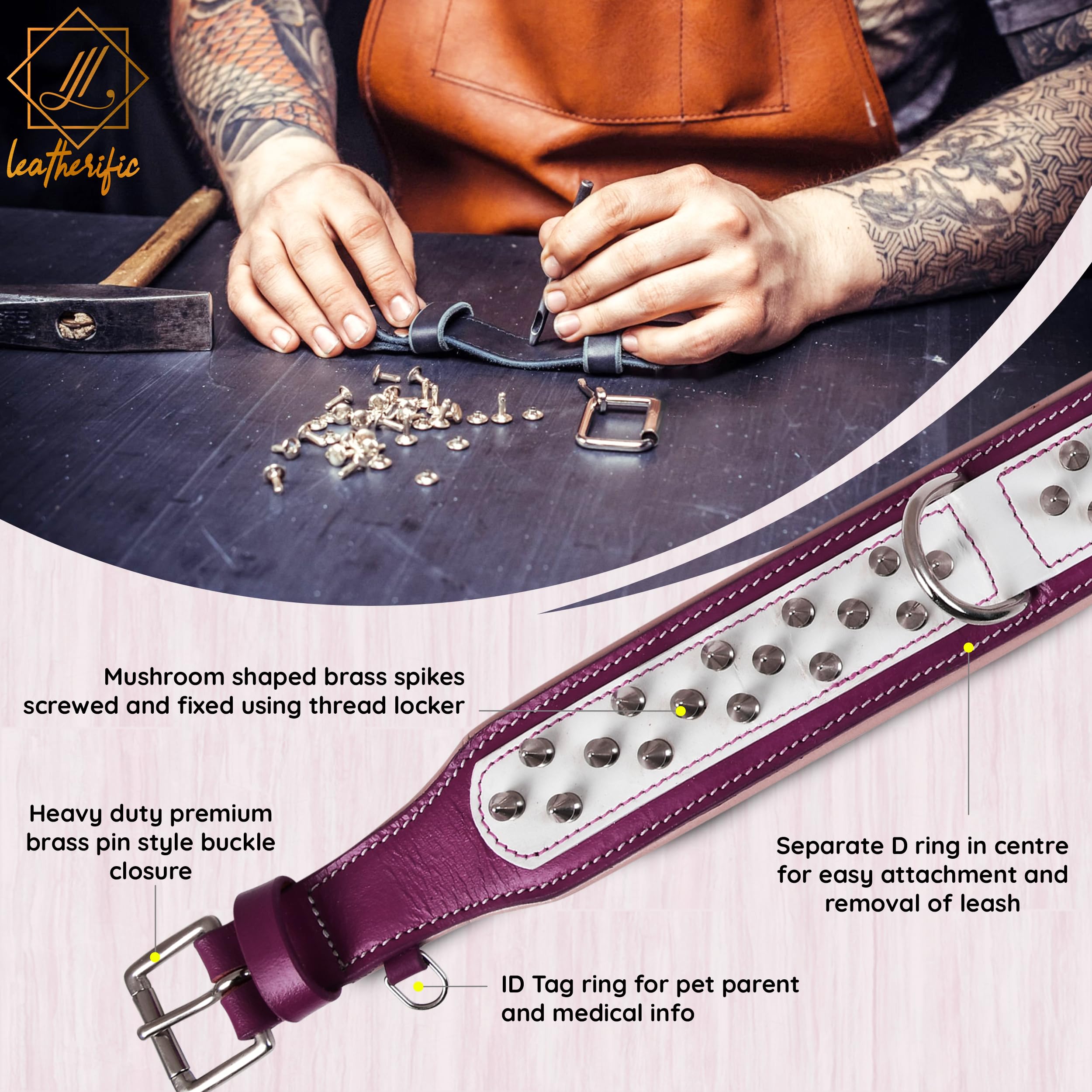Leatherify - Collar de cuero genuino para perro, de alta calidad, resistente, acolchado, fuerte, con picos atornillados, razas medianas, grandes, extragrandes, 5 cm de ancho (color magenta, tamaño del