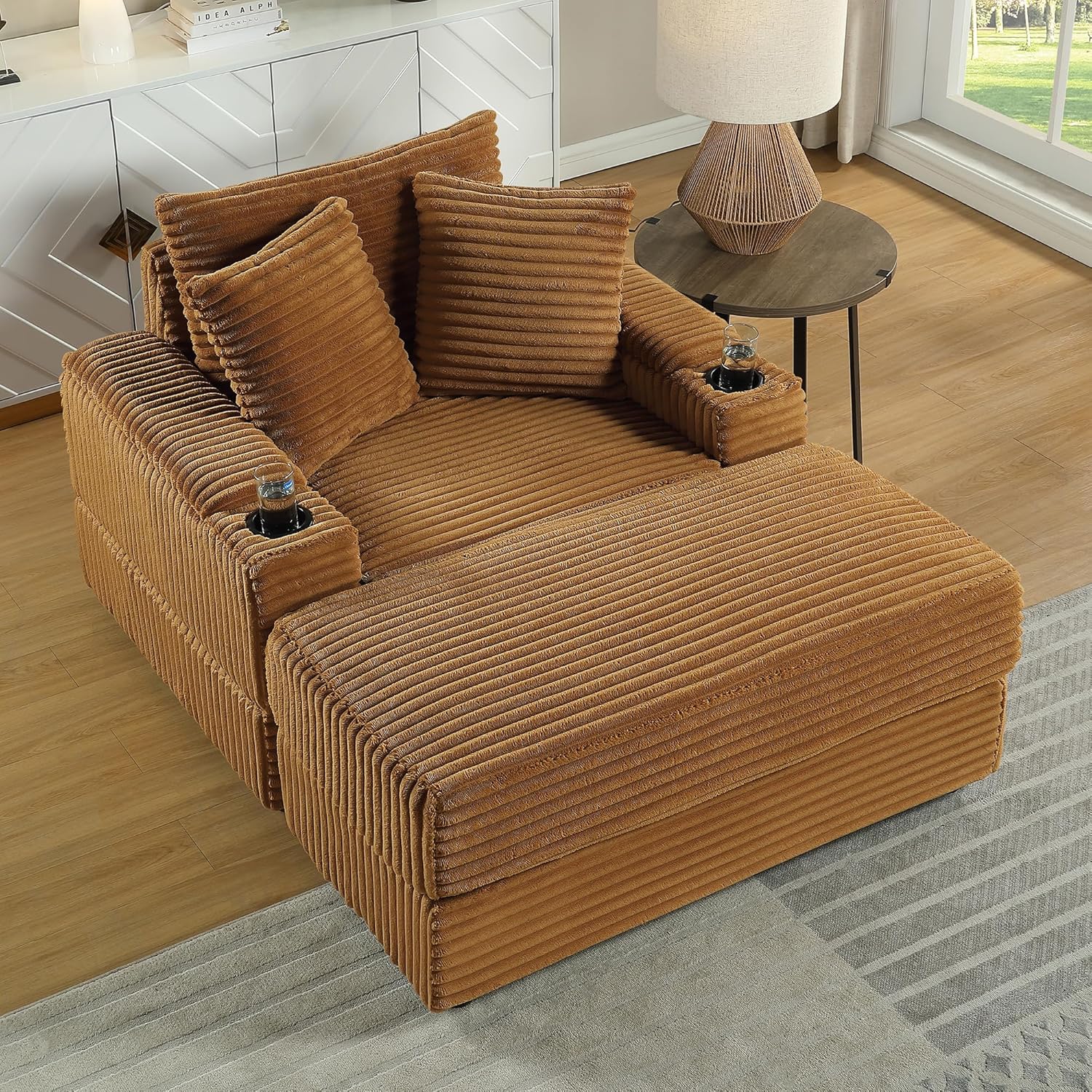 Oversized Chaise Lounge Chair Convertible Sleeper Sofa Bed with Movable Ottomans and Cup Holder,Reclining Upholstered Sofa Chair for Living Room, Bedroom, Home Theater (Brown)