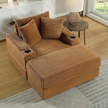 Oversized Chaise Lounge Chair Convertible Sleeper Sofa Bed with Movable Ottomans and Cup Holder,Reclining Upholstered Sofa Chair for Living Room, Bedroom, Home Theater Brown