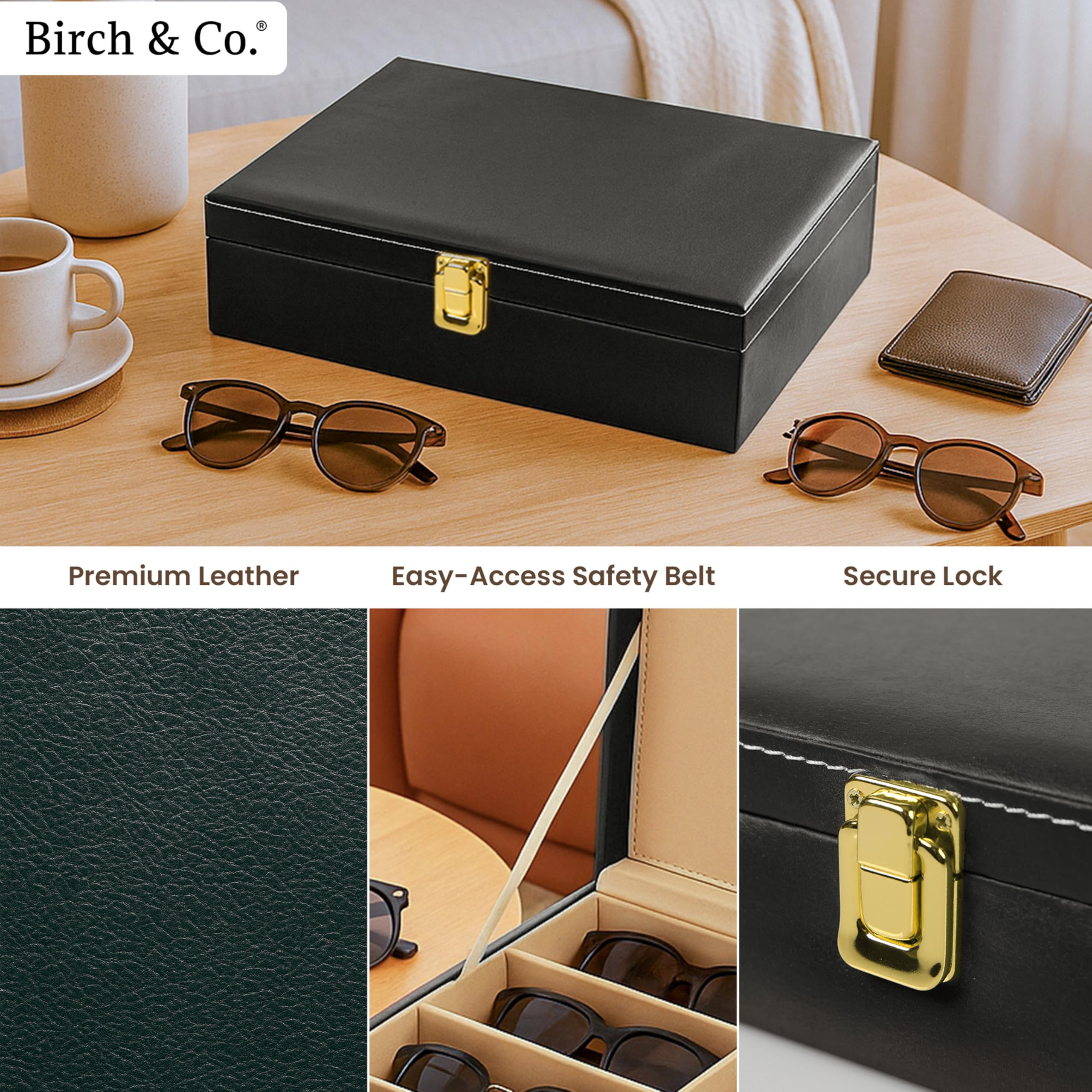 Sunglasses Organizer - Sunglass Case - Glasses Box - Specs Box for Men - Goggles Holder - Eyewear shades Organiser, Leather Finish, Soft Velvet Lining, Travel-Friendly for 8 Sunglasses, Black - Image 7 thumbnail