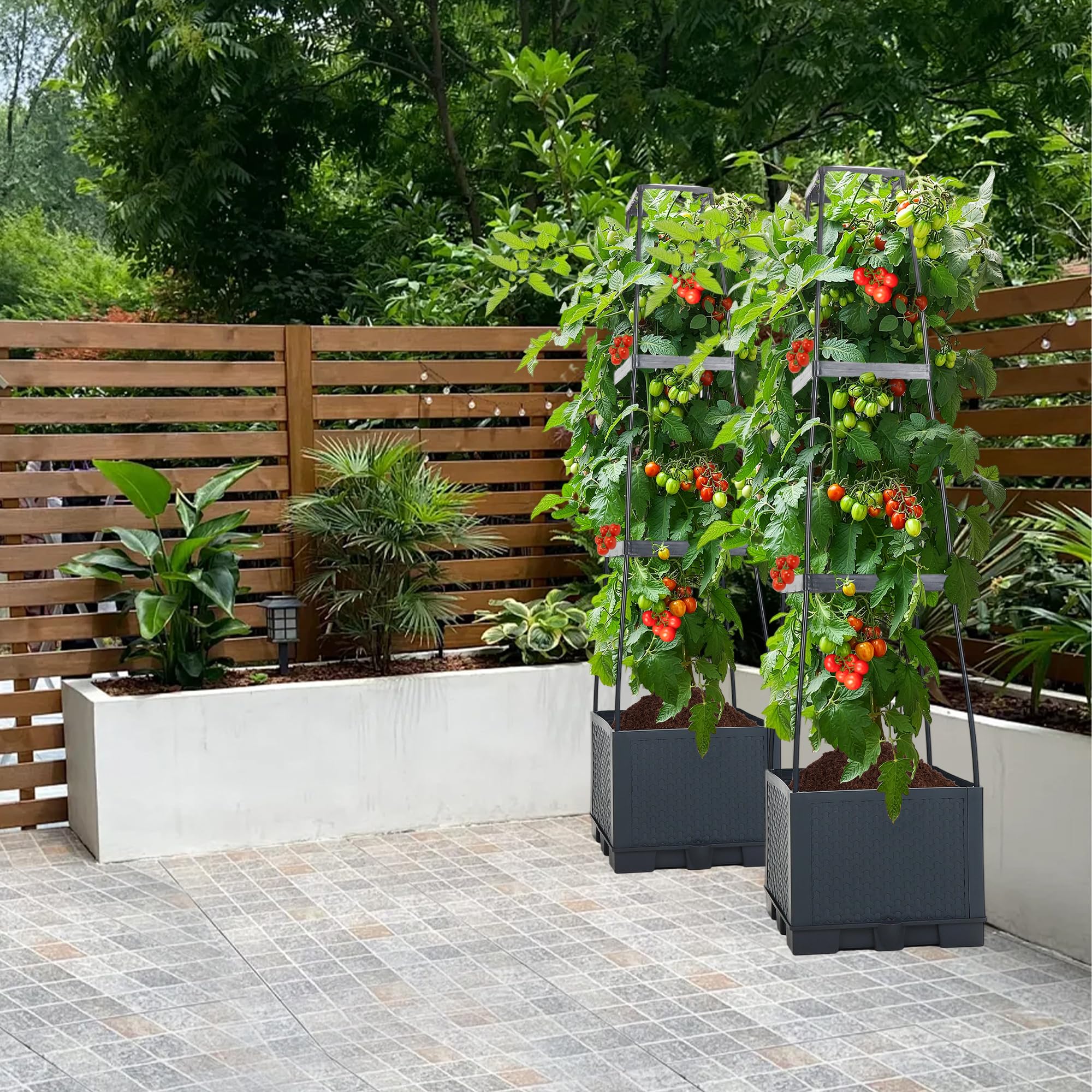 Tomatentopf mit Rankhilfe (28×28×114 cm,14 L), selbstbewässernder Pflanzenturm in Anthrazit. Tomaten & Klettergemüse – platzsparendes Hochbeet für Innenräume