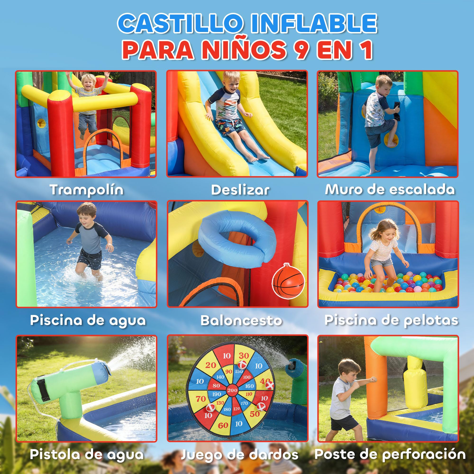 AIYAPLAY Castillo Hinchable Acuático con Soplador 550W 9 en 1 Castillo Hinchable Niños con Tobogán Zona de Salto Escalada 2 Piscinas Canasta Columna de Boxeo Dardos Exterior Interior 330x290x185 cm