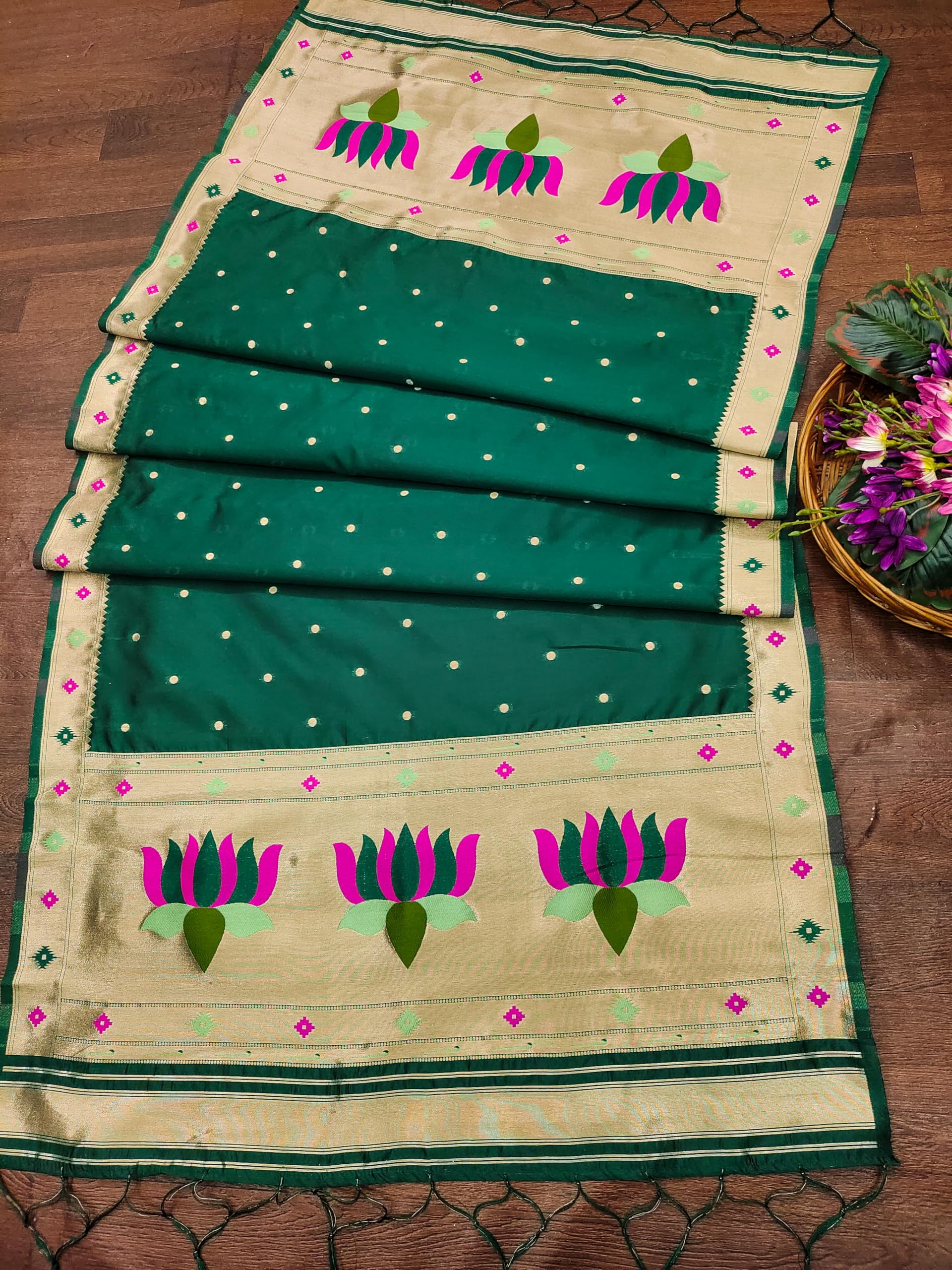 DEVANGI Women's Woven Banarasi Silk Dupatta/Chunni For Women, Floral Print 1 Meter Wide and 2.3 Meter Length Printed Designer Dupatta/Chunni For Girls(OM-DT-67-BGREEN) - Image 3 thumbnail