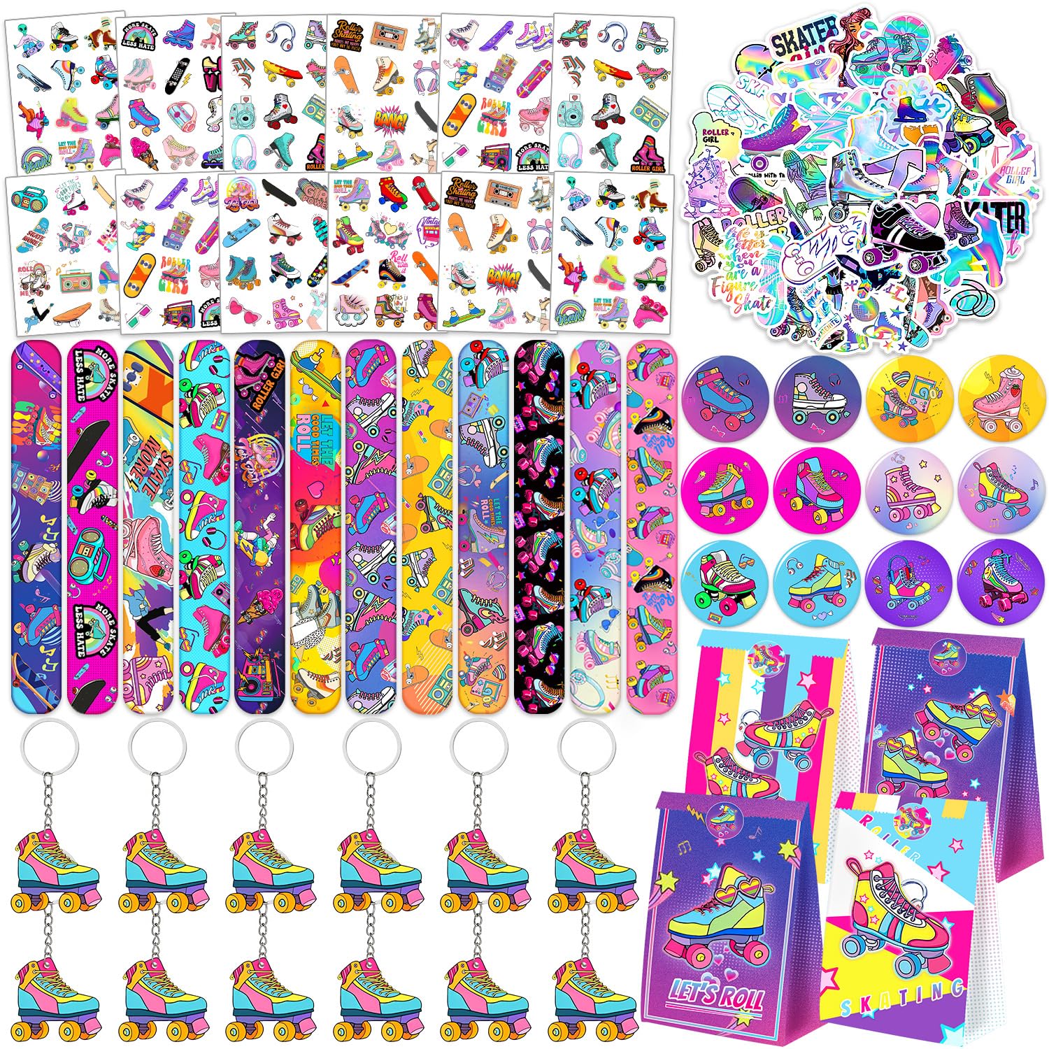 110PCS Roller Skate Party Favors with Slap Bracelets, Stickers, Key Chains, Pin Badges, Tattoos and Gift Bags for Kids Throwback 90s Hip Hop Roller Skating Birthday Party Decorations Supplies
