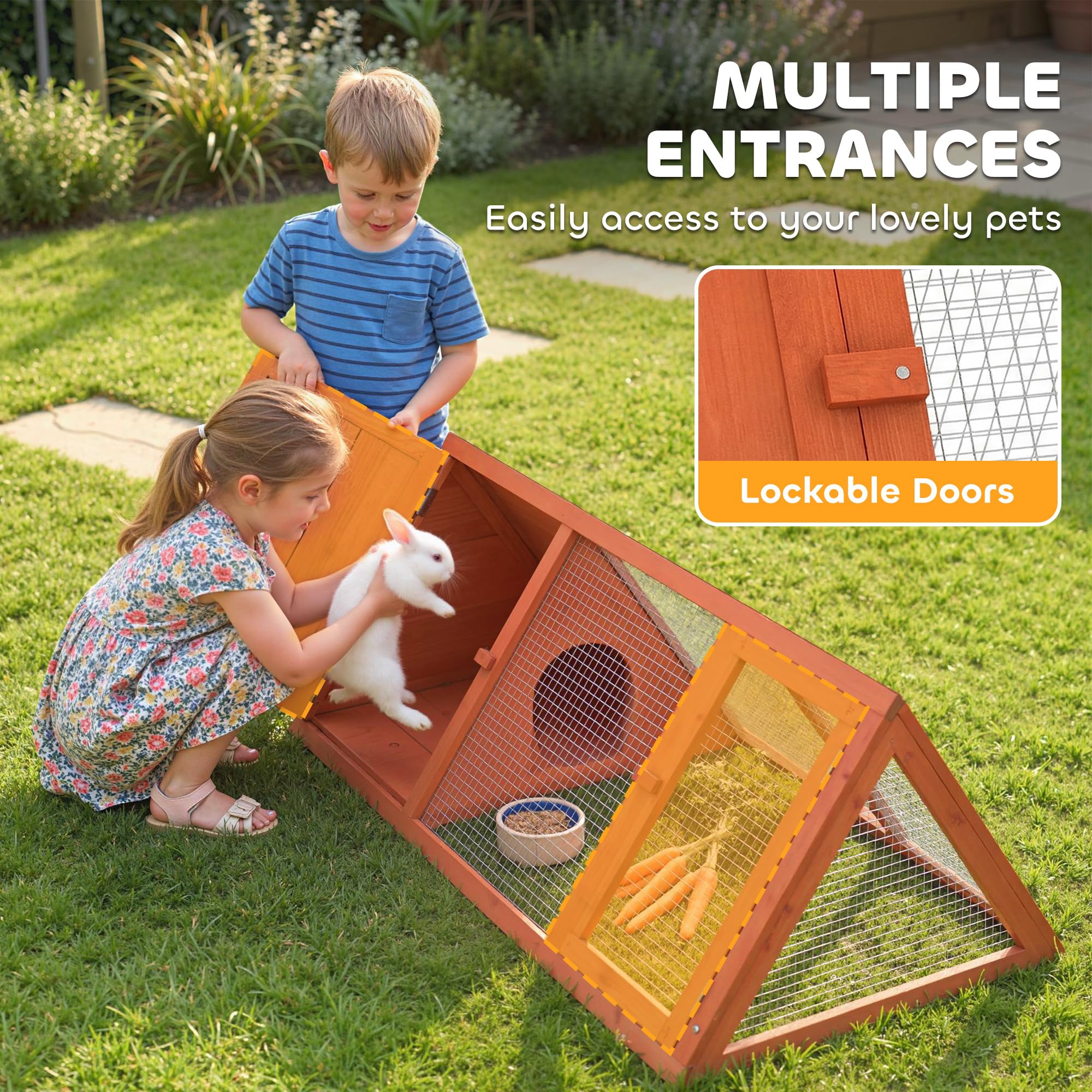 Jaula para conejos PawHut, jaula de madera para cobayas con recinto exterior y puertas, caseta triangular para conejos, patos pequeños y gallinas, para uso en interiores y exteriores, color naranja