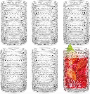 6 Pack Vintage Drinking Glasses, 12 oz Clear Bubble Cups, Hobnail Drinking Glasses Embossed Water Glassware Set for Beverages, Beer, Water, Cocktail, Juice and Milk