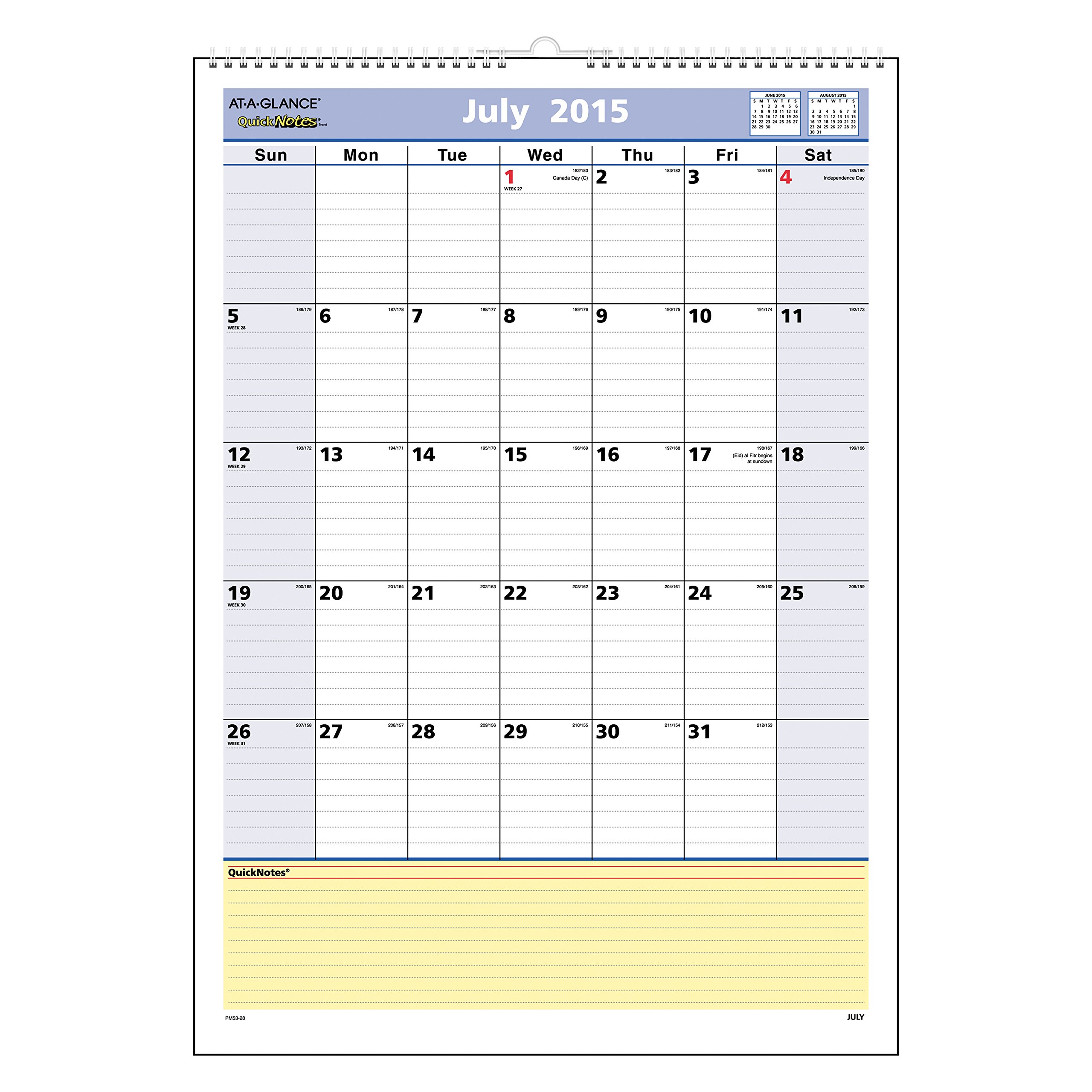 AT-A-GLANCE calendario de pared mensual, QuickNotes diseño, año académico, 12 Meses, de Julio 2015 – Junio 2016, 12 x 17 cm tamaño de página (pm53 – 28)