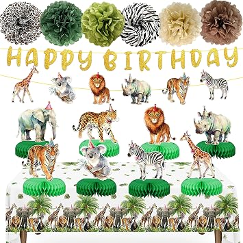 Safari Theme Party Decorations Animal Birthday Banner Jungle Tablecloth Centerpieces Hanging Swirl Decorations Animals Party Decorations for Wild Animals Party Supplies Safari
