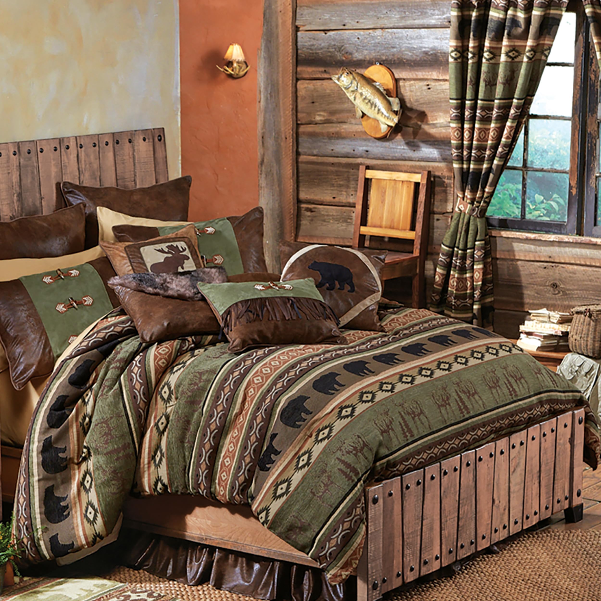 BLACK FOREST DECOR Timber Woods Moose & Bear Bed Set – Queen Rustic Chenille Comforter Set with Faux Leather Accents, 92" W x 96" L Comforter