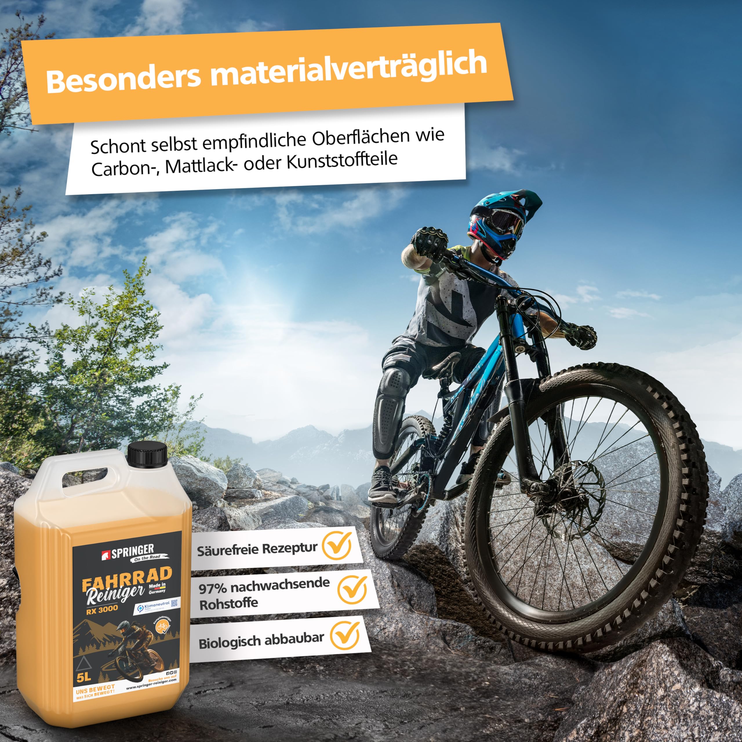 SPRINGER RX3000 – Detergente per bicicletta da 5 l – Detergente per bicicletta senza acidi & delicato sui materiali – Spray completo con formula gel ben adesiva – Cura ottimale della bicicletta di