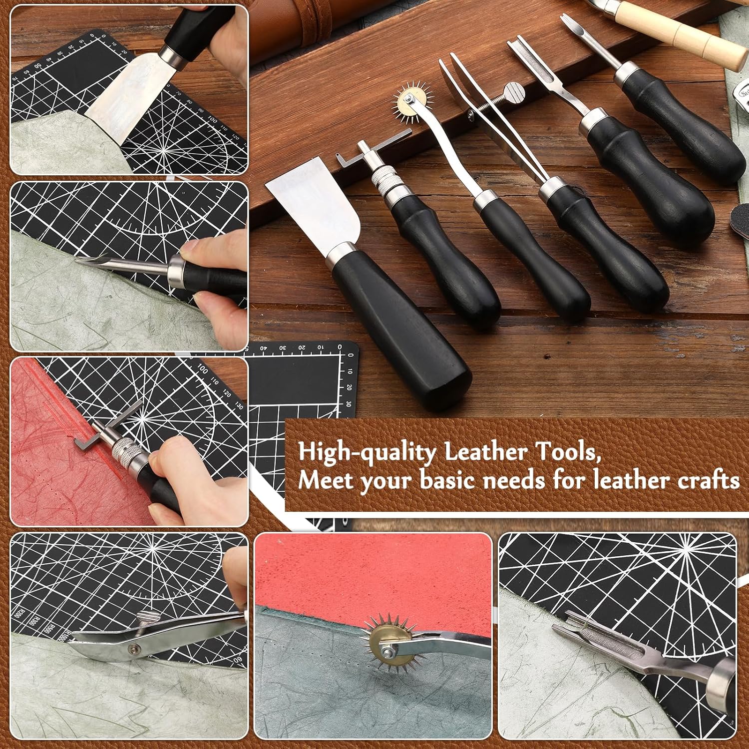 Leather Working Tools, Leather Craft Tools Kit with Awl Stitching Punch Hole Sewing Needles for Leathercraft Beginner Carving Stamping Repair Projects