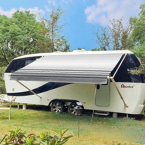 Awnlux White Manual Modular Retractable RV Awning Full Set Assemblies for RV, 5th Wheel, Travel Trailers, Toy Haulers, and Motorhome - RV Trailer Awning for Home or Camper - 10x8 Ft - Black Strip
