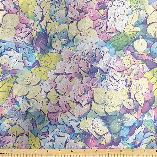 Ambesonne Floral Fabric by The Yard, Pattern of Spring Tone Hydrangea Flowers Clutter Soft Tone Continuing Nature Art, Decorative Satin Fabric for