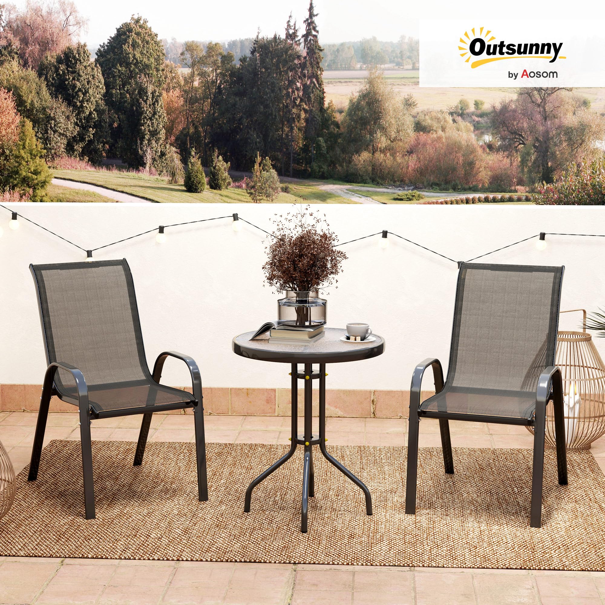 Outsunny Set da Bistro 3 Pezzi con Sedie Impilabili e Tavolino Rotondo in Acciaio e Vetro, Nero