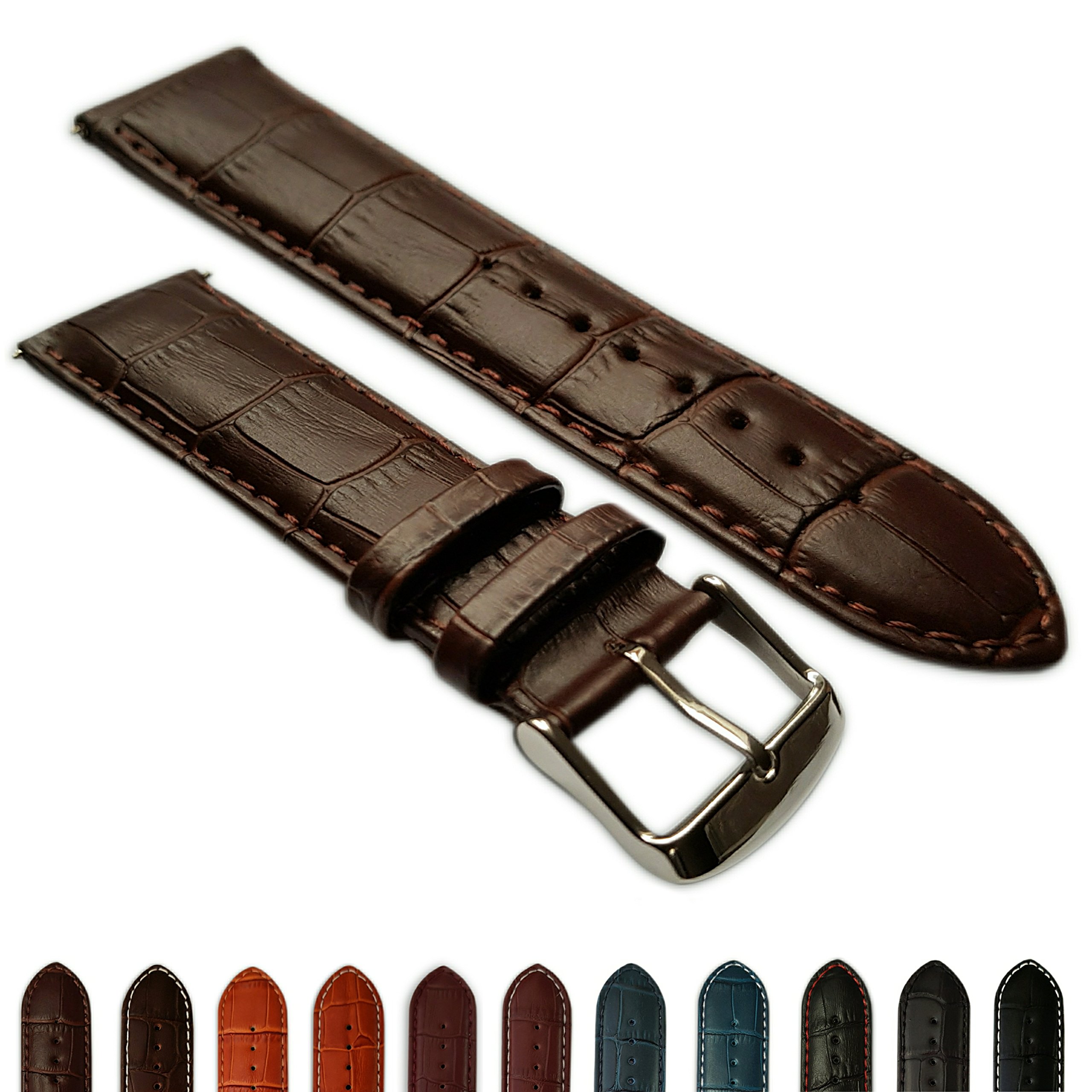 Jewellers Tools Men's Brown 18Mm Extra Long Genuine Leather Mock Croc Watch Strap Band Padded Ss Buckle Xl Light