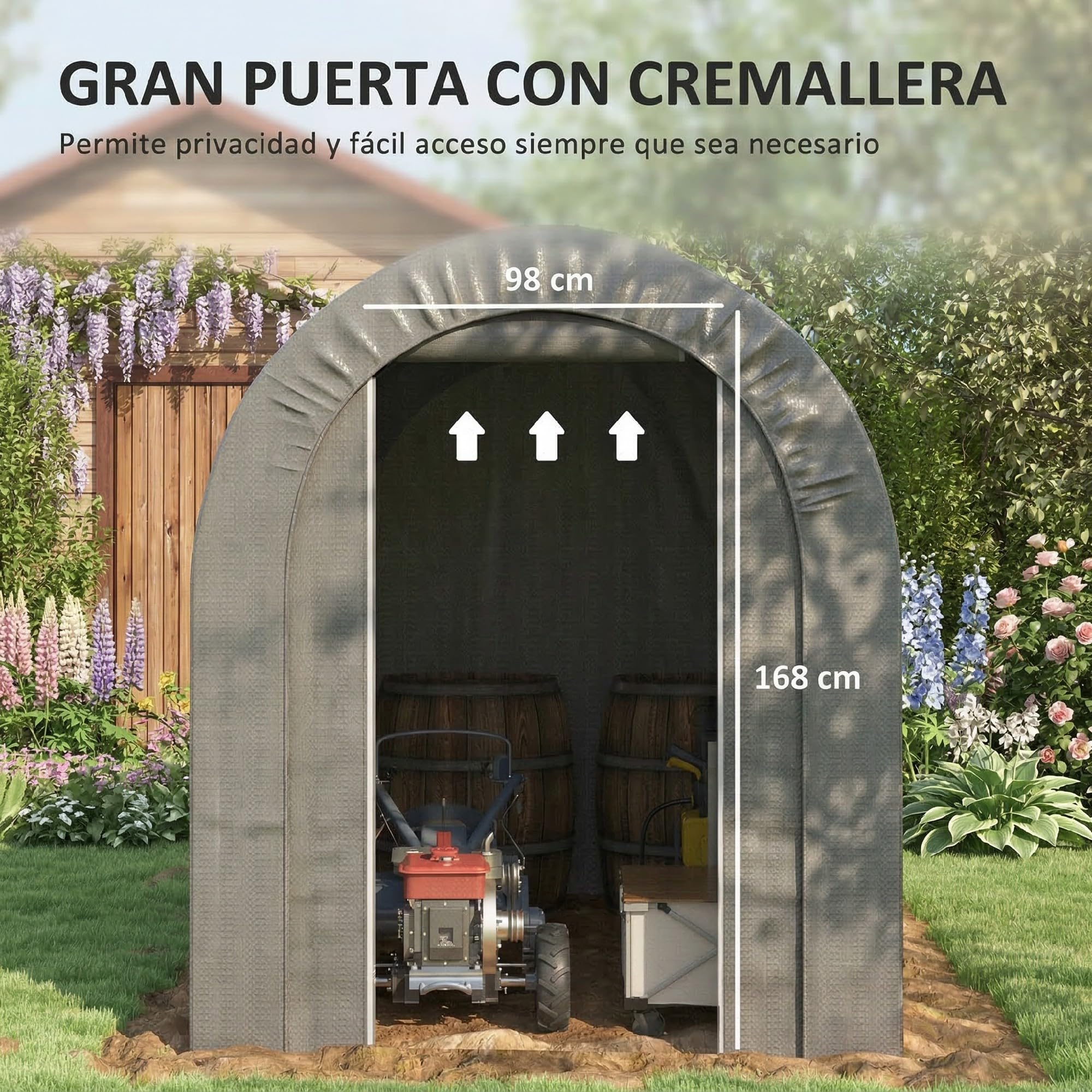 Outsunny Carpa de Jardín Exterior Impermeable 2,4x1,6x1,9 m Gris Claro | Para Herramientas y Bicicletas, Cobertizo Moto, Marco de Acero, Garaje Portátil, Puerta Enrollable con Cremallera