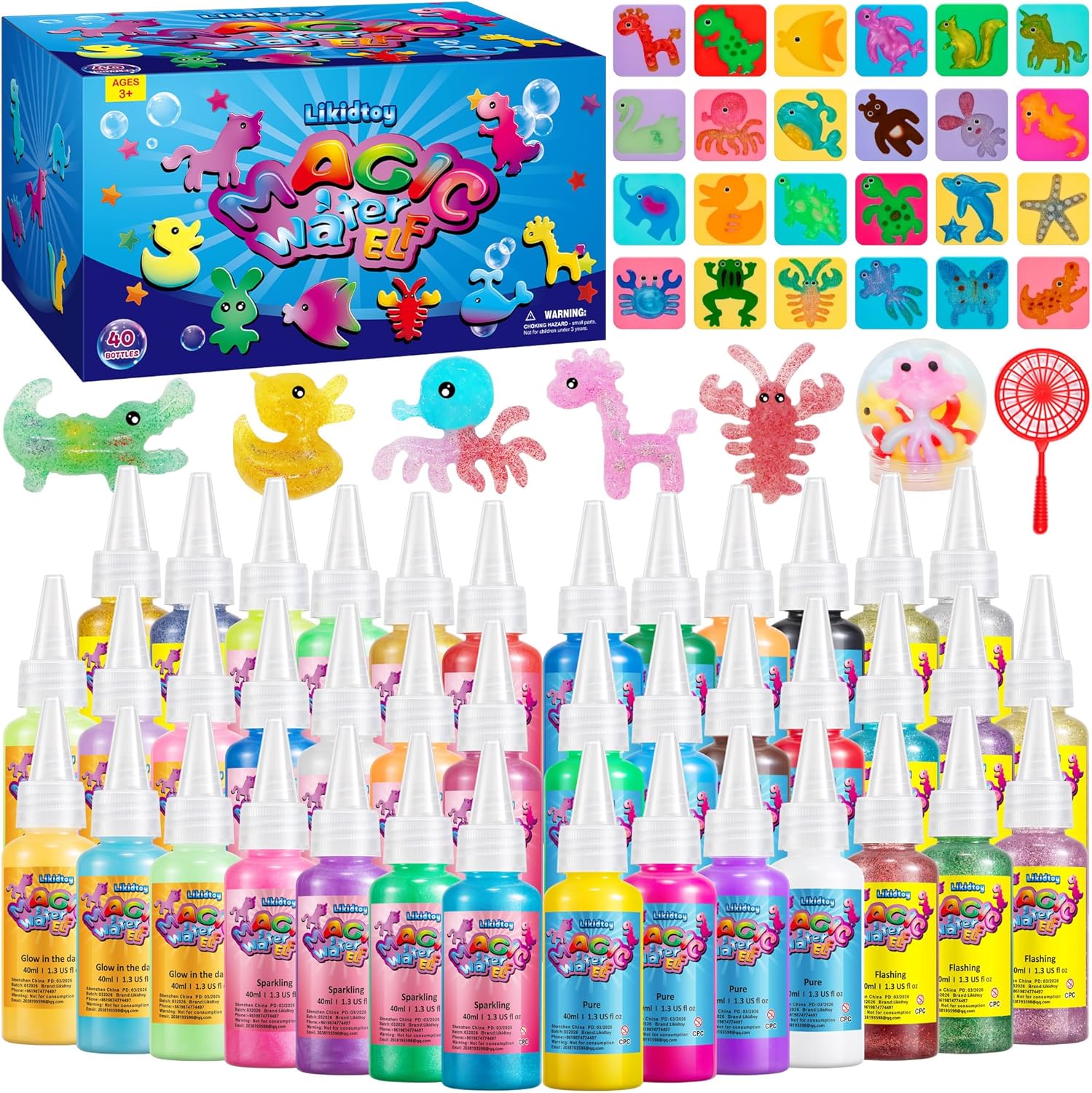 Likidtoy Magic Water Elf Toy Kit for Kids, 40 Colors Aqua Fairy Water Gel Kit, 4 Style Magic Gel Kits with 24 Molds 10 Pack of Magic Powder, Craft Kits Water Pets (40 Bottles)