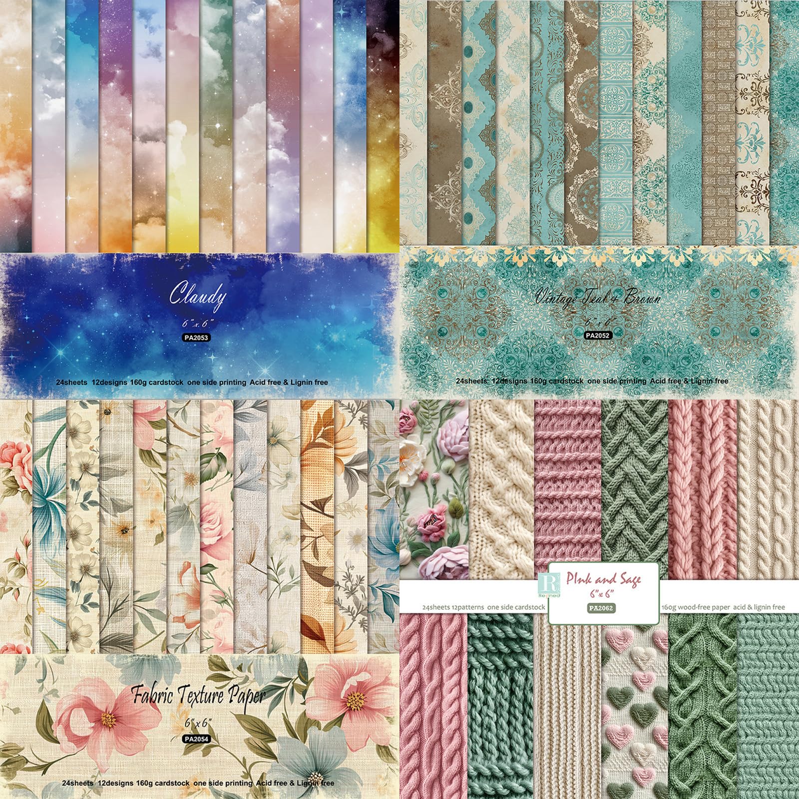 Papel para álbumes de recortes, Paquete de papel con patrones de 6" x 6", 48 hojas, cartulina impresa por una sola cara, 12 diseños, papel decorativo for manualidades de 160 g/m² for hacer tarjetas de