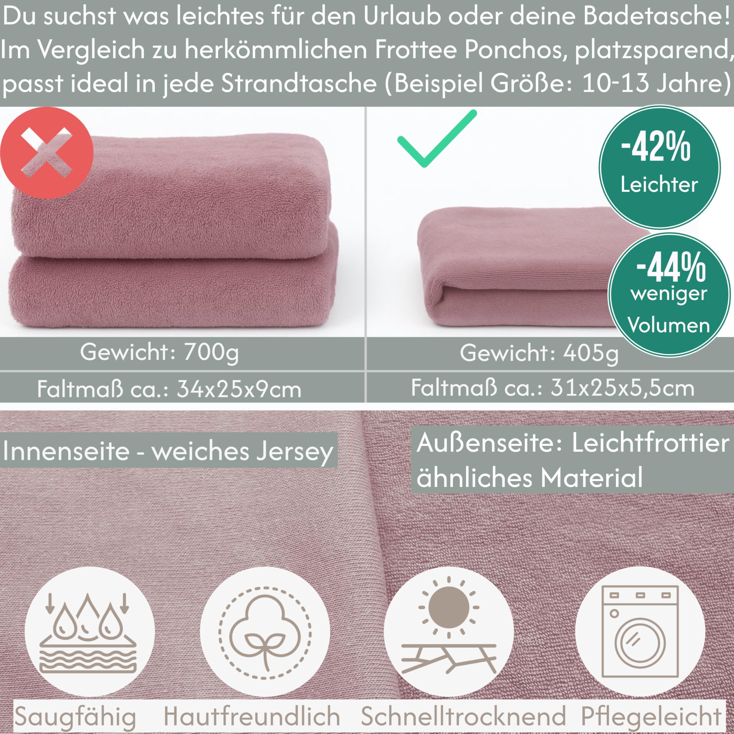 Poncho de playa para niño o niña, ligero, rosa antiguo, 10-13 años | Albornoz para niño, niña, toalla, toalla de baño, toalla ligera, con capucha, surf, playa
