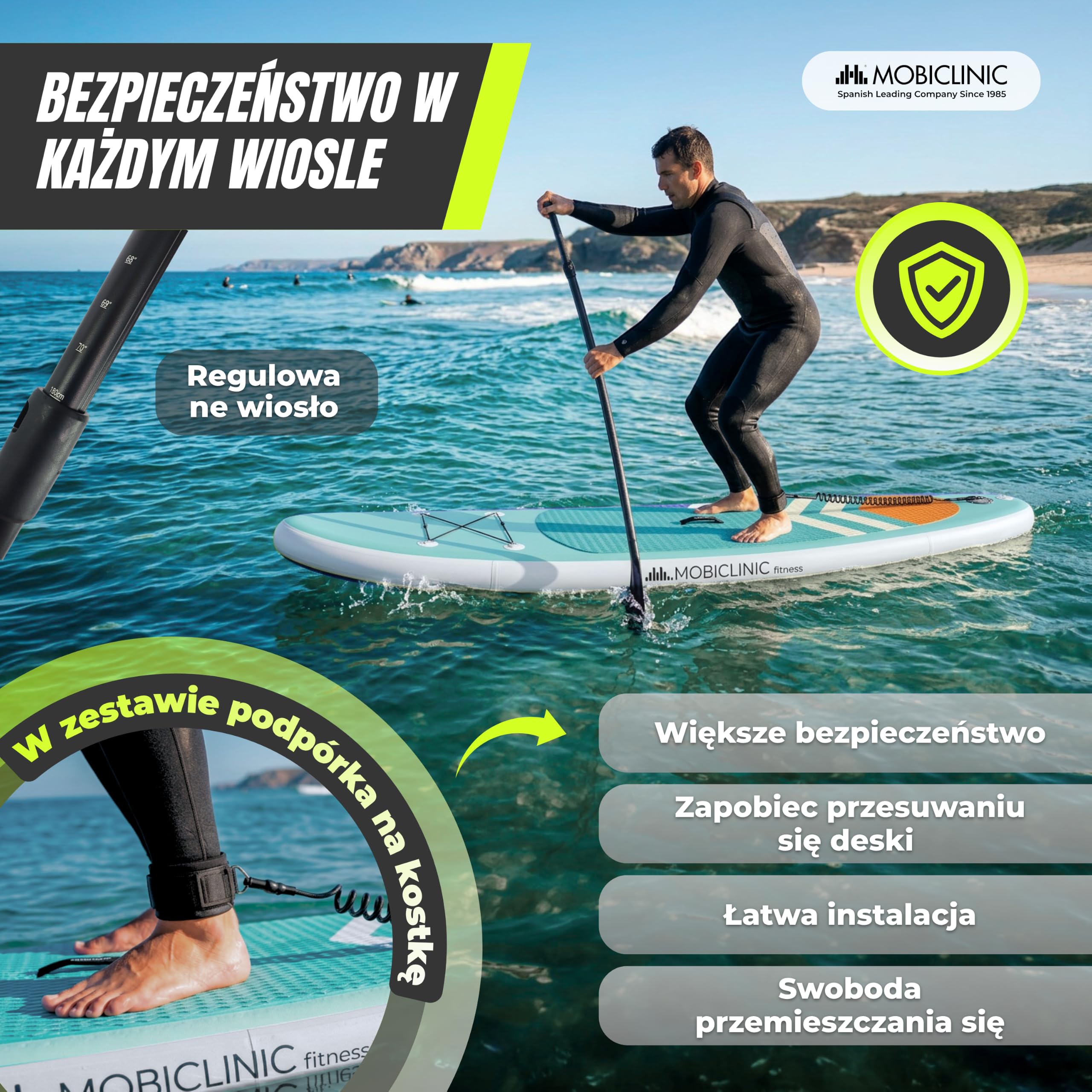 Mobiclinic®, Nadmuchiwana deska do paddlesurfingu, Lilo, Zestaw z pompą, Plecak, Regulowane wiosł, Etui na telefon, Naprawczy, 320x83x15 cm, Dla dzieci, Dorosłych i zwierząt, 150 kg
