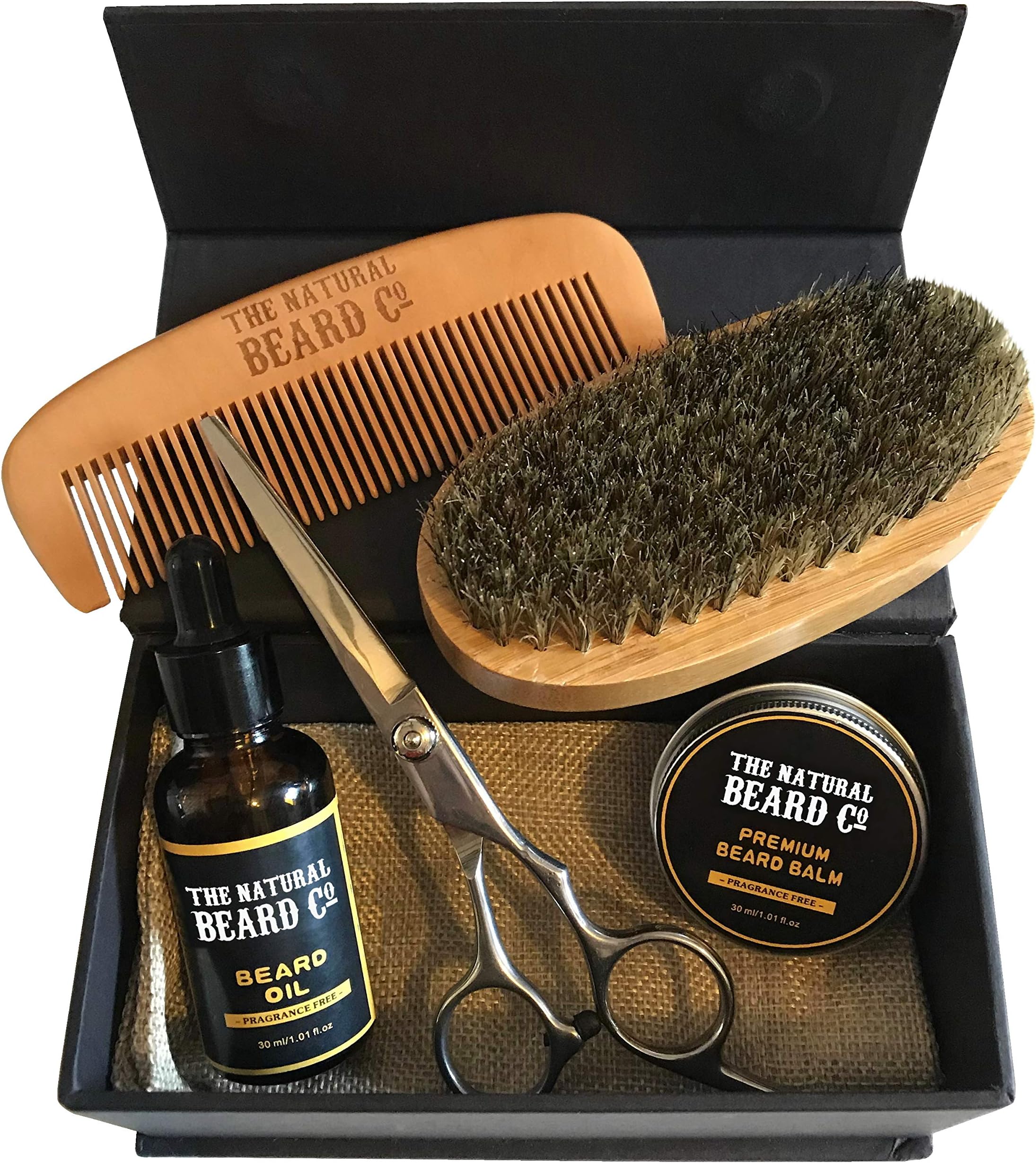 The Natural Beard Co U.K. Organic Men's Beard Care & Grooming Gift Kit, with Oil | Balm | Scissors | Brush | Comb | Travel Bag