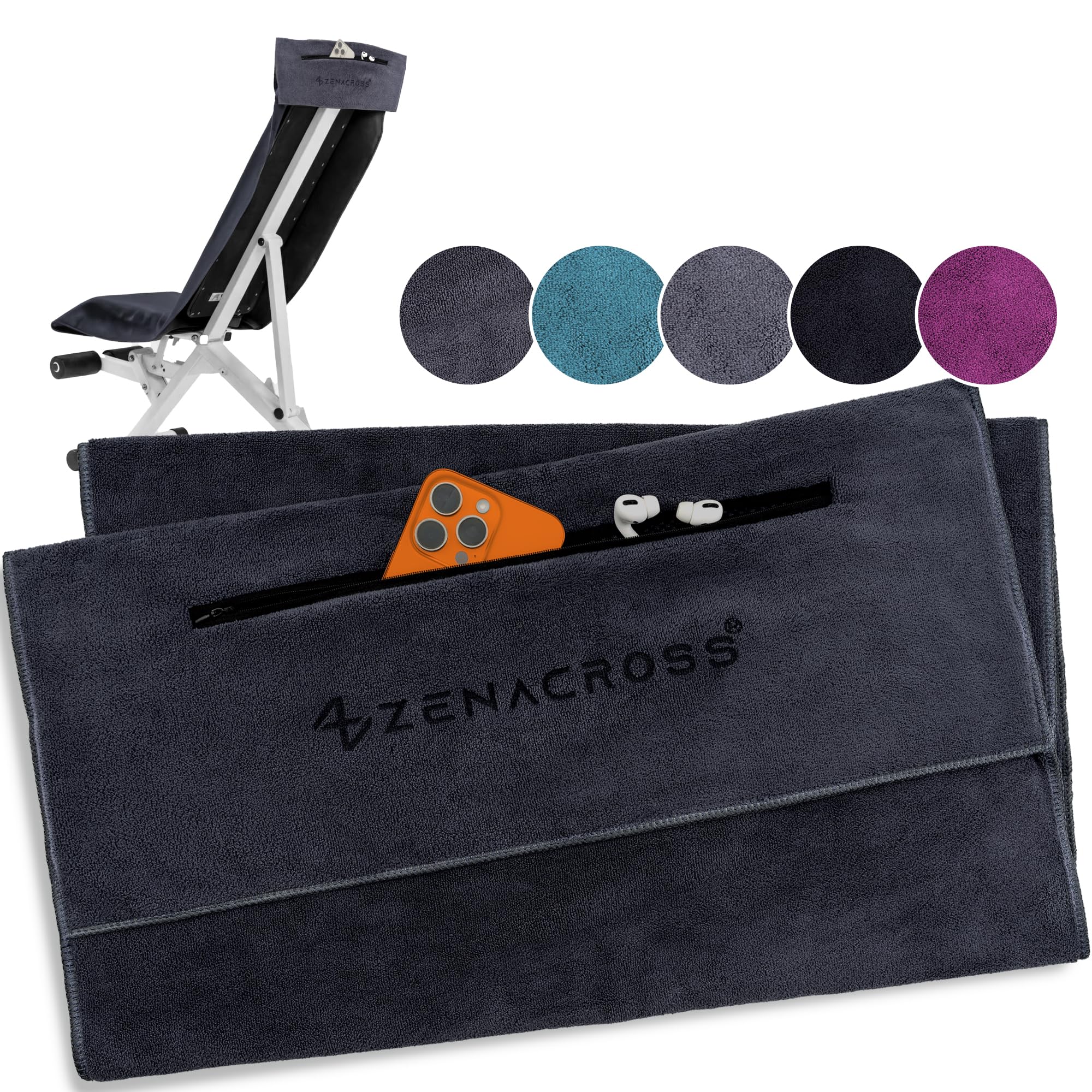 ZENACROSS - Fitness Handtuch Mikrofaser 120x50 - Schnelltrocknend, Reißverschlusstasche - Weiches Sporthandtuch fürs Fitnessstudio & Gym