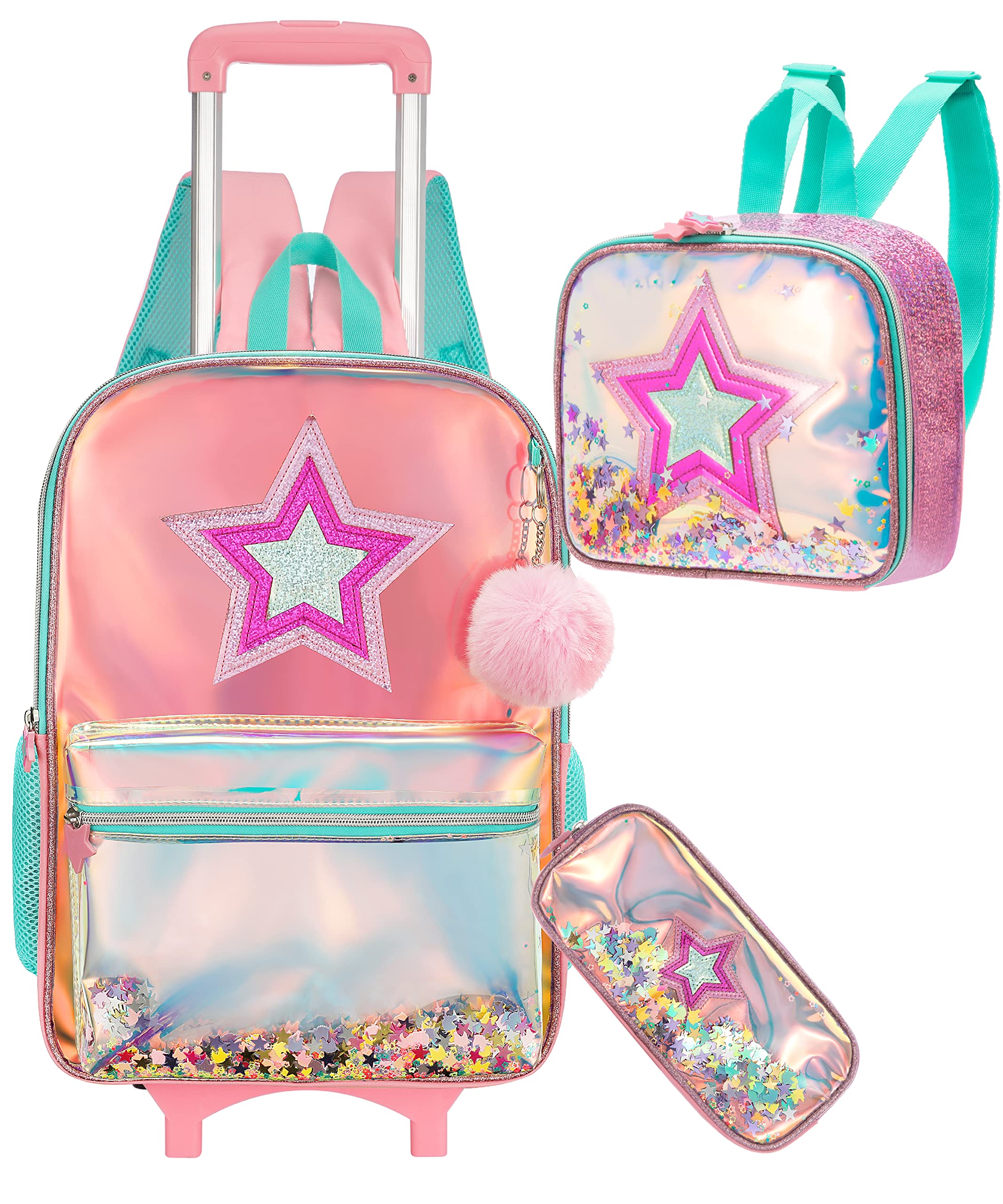 HTgroce Mochilas Trolley Escolares, 16 inch - Mochila transparente y juvenil con Ruedas 3 in 1 para Niña