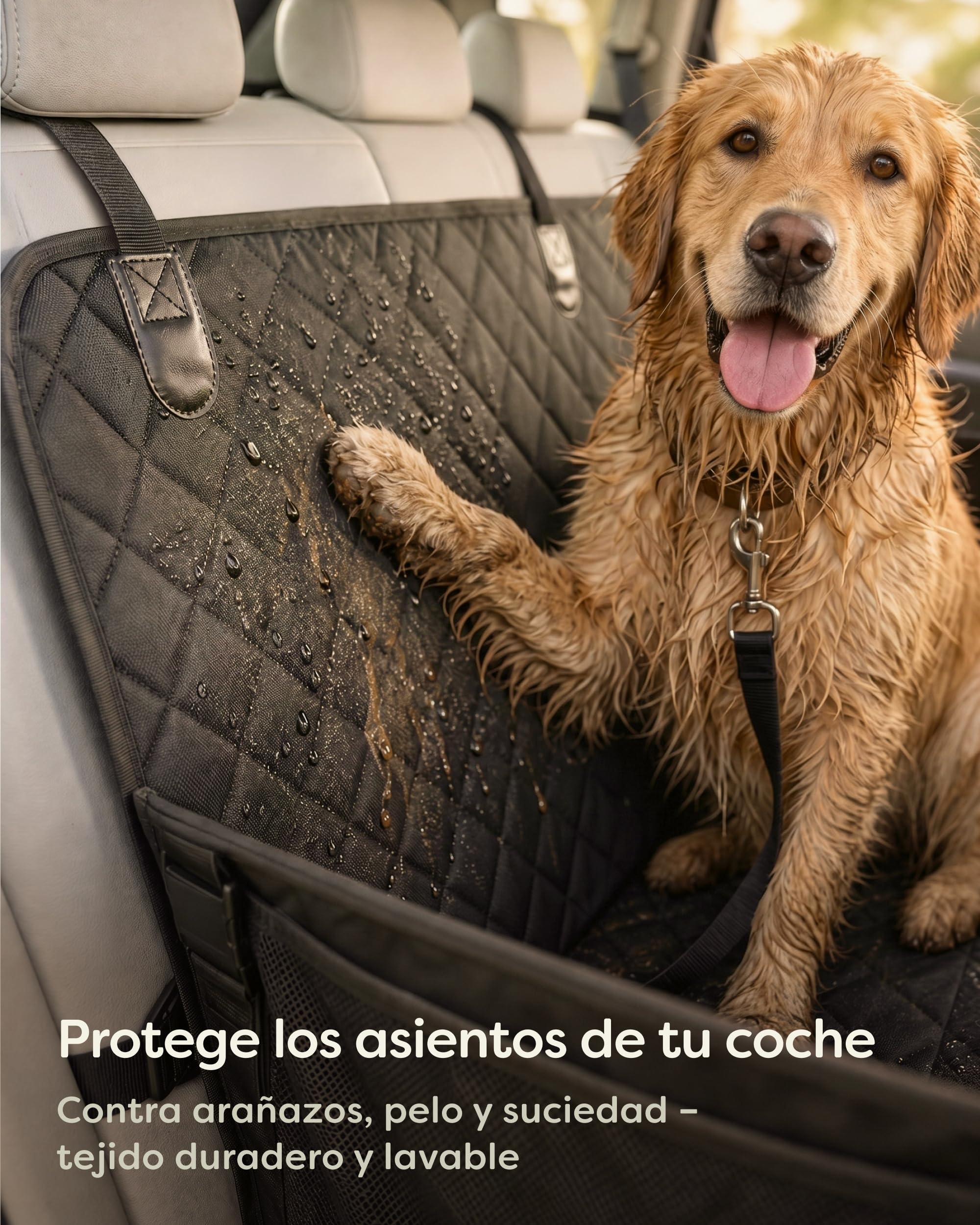 Knupis Asiento de Coche para Perro Grande – Repelente al Agua y Resistente a los Arañazos con 5 Bolsillos – 4 Correas de Fijación y Correa de Seguridad Acoplable – con Base Antideslizante