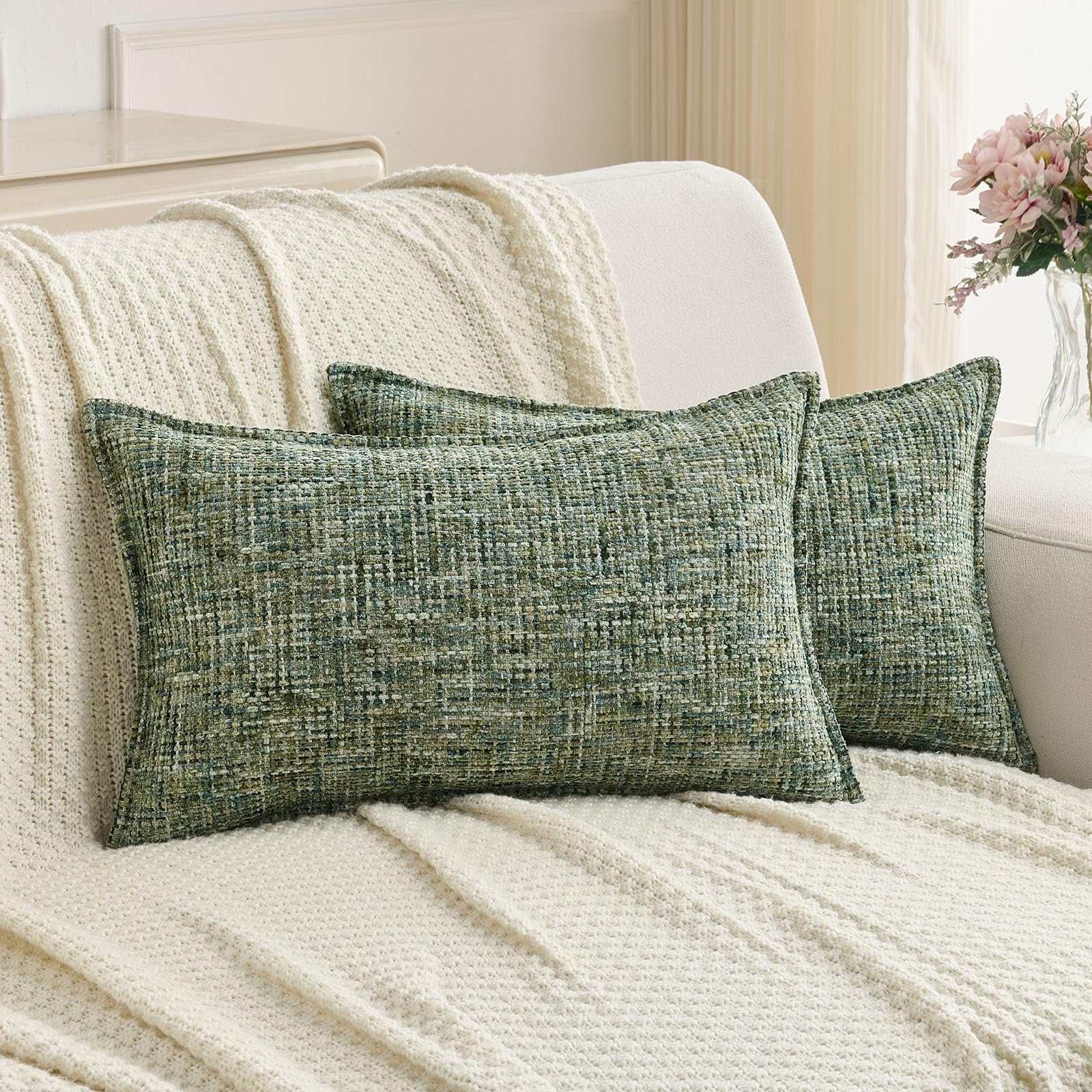 FUTEI Set of 2 Soft Tweed Chenille 30x50 cm Cushion Covers Farmhouse Micro-Check Textured Scatter Pillowcase 30 x 50 cm Vintage Accent for Sofa Bed Living Room, Dark Green
