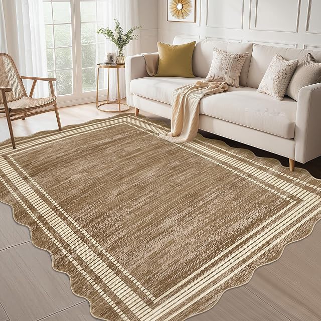 GarveeHome Rug moderne à pétoncles 5x7 Rugs lavables pour chambre à coucher, Non-dérapant Non-Évadage Soft Living Room Rug, Minimiste Scalloped Low-Pile Jet Tapis pour salle à manger Home Office, Camel