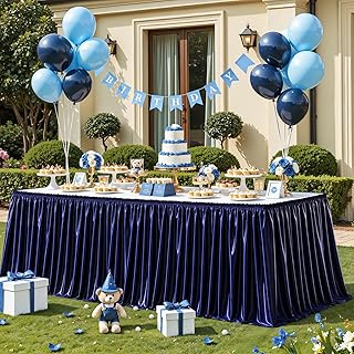 Wish Care 14ft Navy Blue Satin Table Skirt for Rectangle Tables Wrinkle Free Glitter Desk Skirts Pleated Ruffle Table Cloth for Wedding Birthday Baby Shower Party Banquet Buffet Cake Table Decorations
