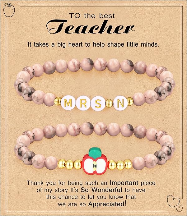 Teacher Appreciation Gifts for Women,Teacher Must Haves Initial Bracelet Mrs Miss End of Year Teacher Gifts Thank You for Helping Me Grow Music Math Science Teachers Bracelets Retirement 2 Set Jewelry