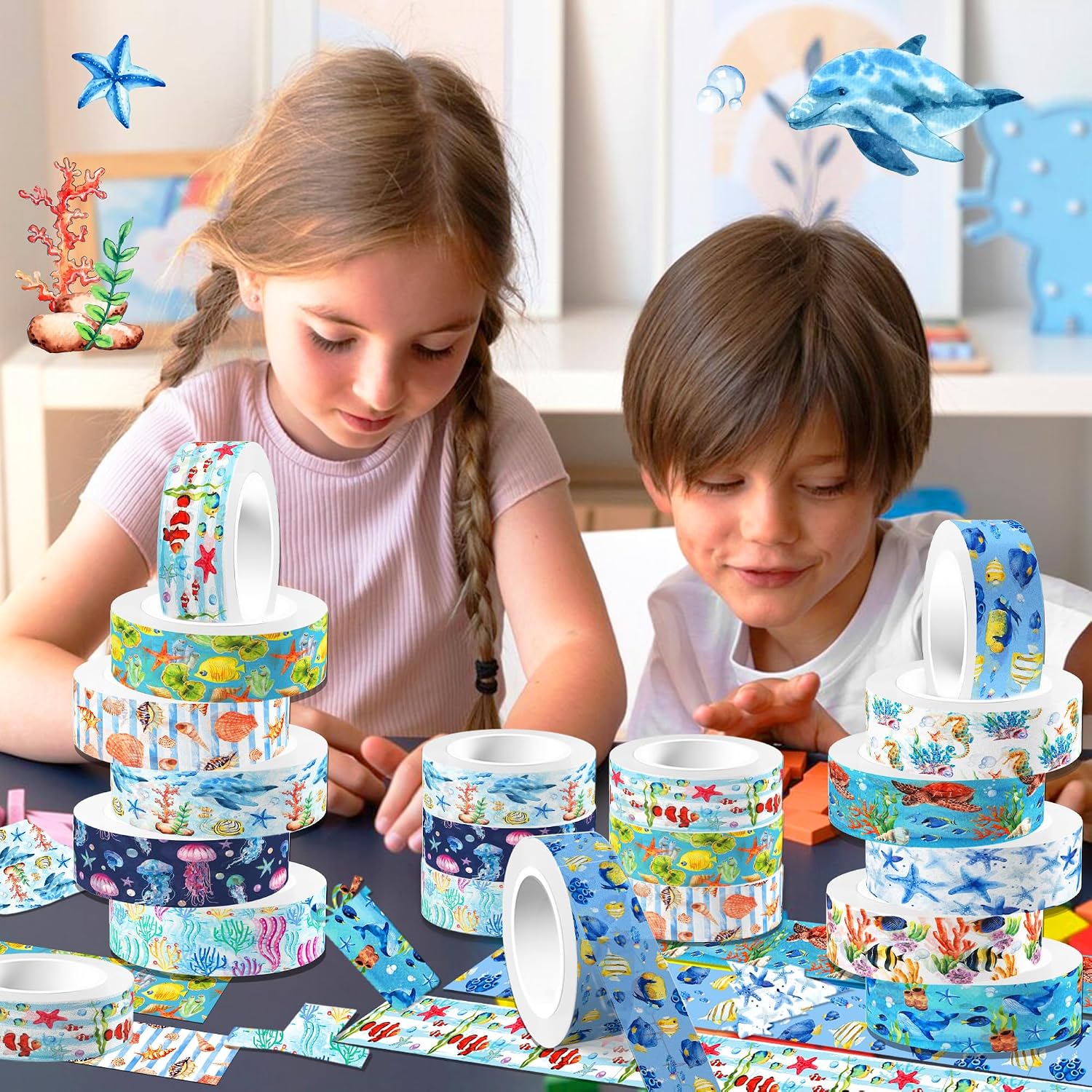 Adirasenotek Ocean Washi Tape Set 12 Rolls,Decorative Tape Washi Tape,Tropical Style Sea Animals Ocean Party Decorative Tape Sticker for Scrapbook Journal DIY Art Crafts Gift Wrapping