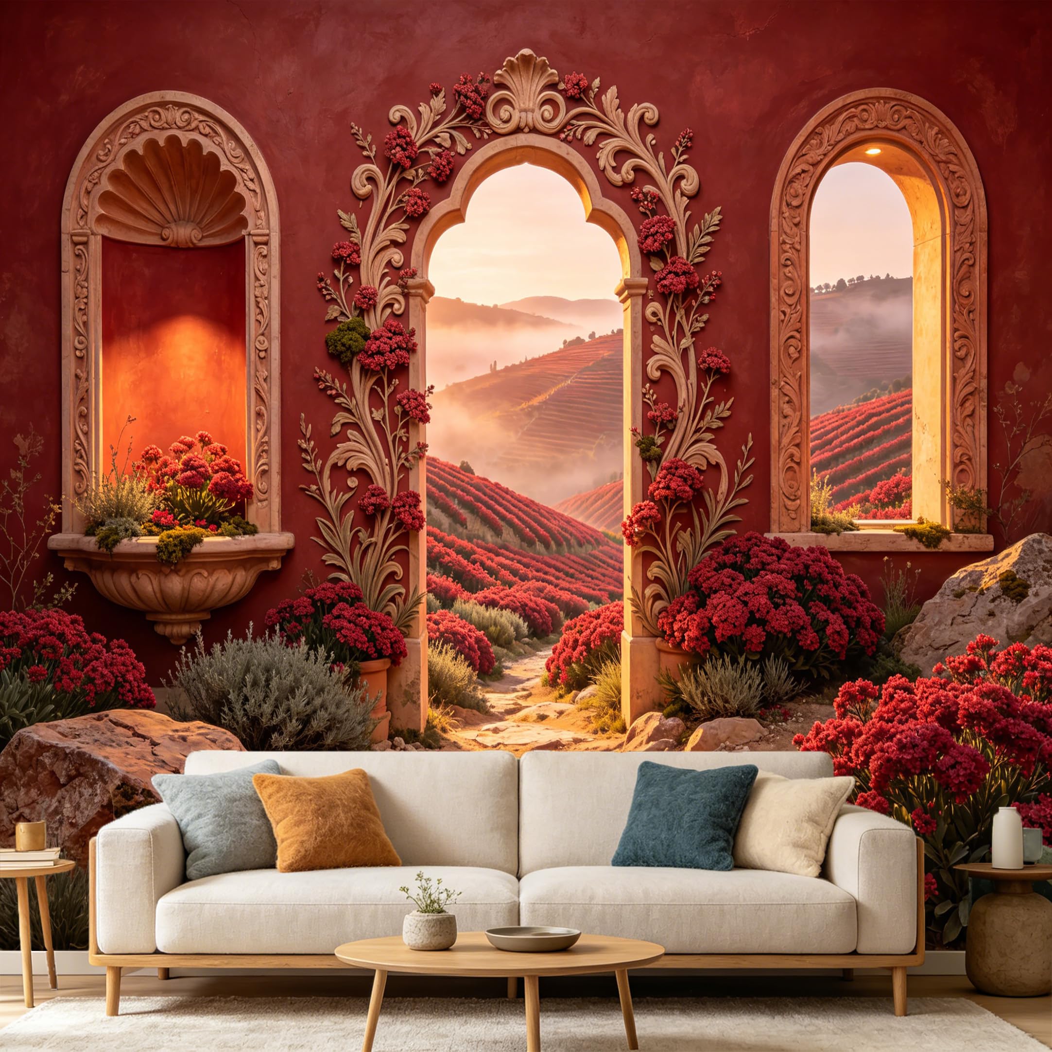 Custom Size Wall Mural， Mediterranean Tuscan Landscape Archway Red Flowers， SelfAdhesive Art Prints wall Fabric Removable Large Wallpaper Home Living Room Decor