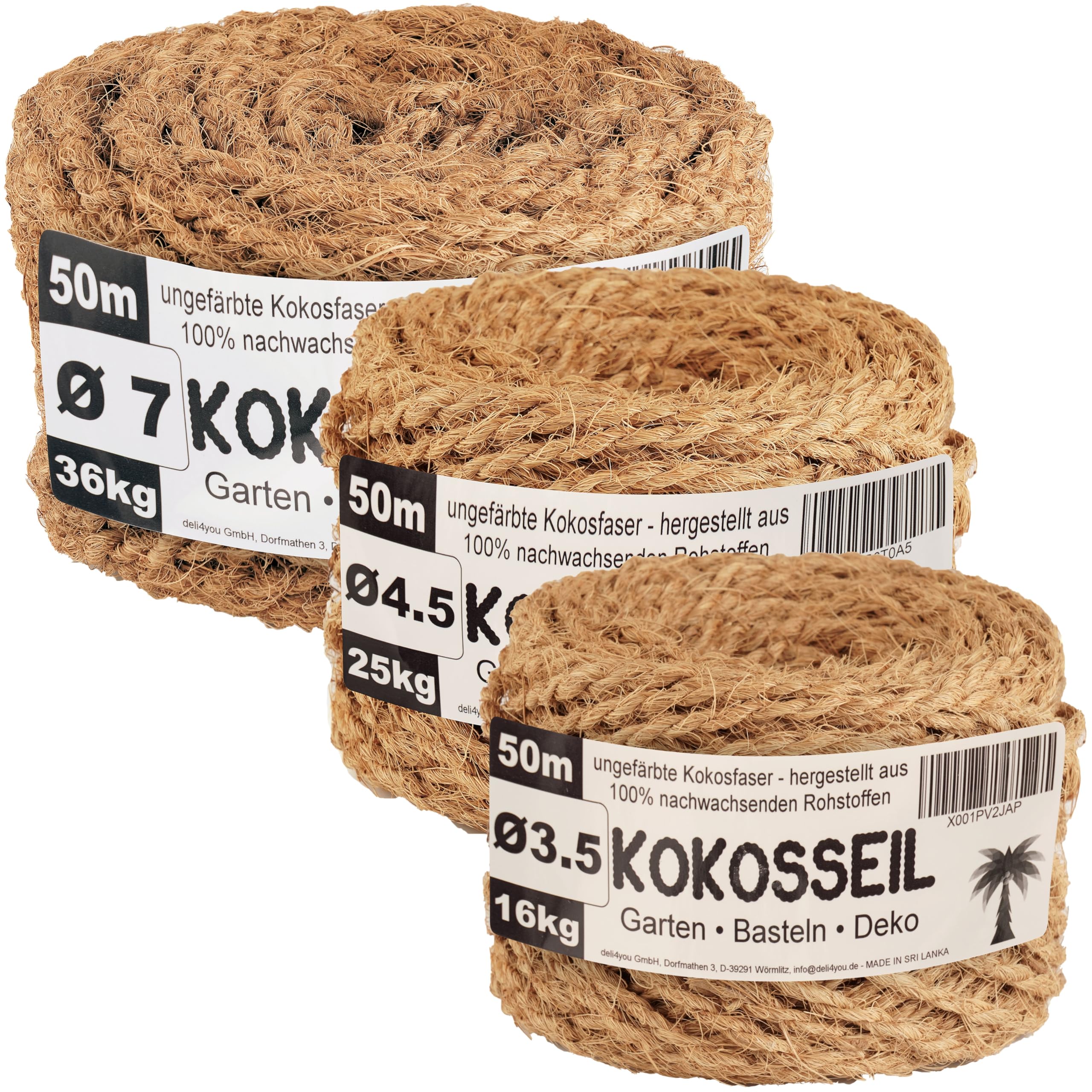 Kokosseil Kombipack – 3,5mm 4,5mm und 7mm x 50m Kokosstrick für Bäume Kokosfaserschnur Baumbinder Kokosseil für Bäume unbehandeltes Kokosband Gräser zusammenbinden