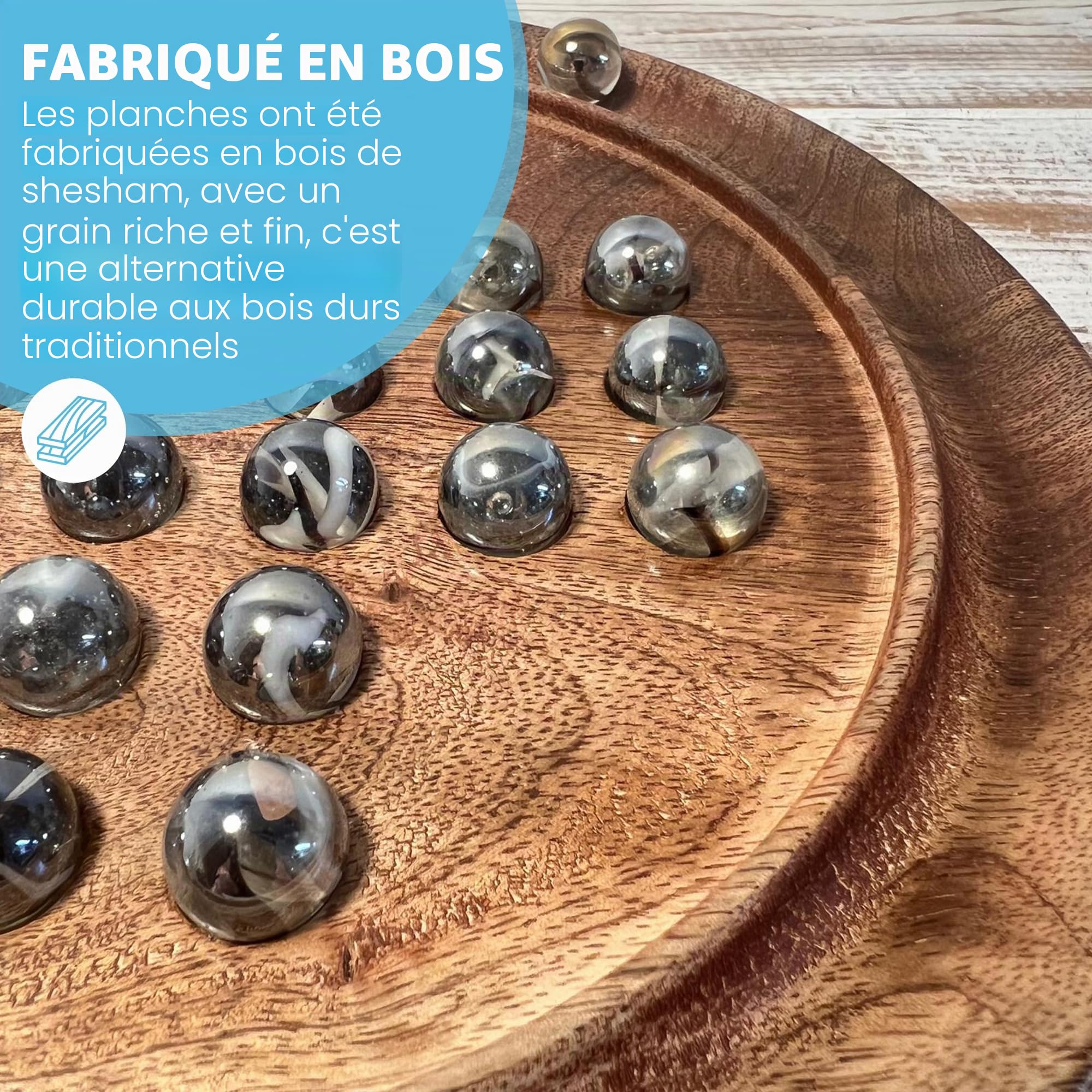 Jeu de société solitaire en bois de 22 cm de diamètre avec billes de verre tourbillonnantes transparentes | jeu de solitaire classique en bois | jeu de société de stratégie | jeu de société familial |