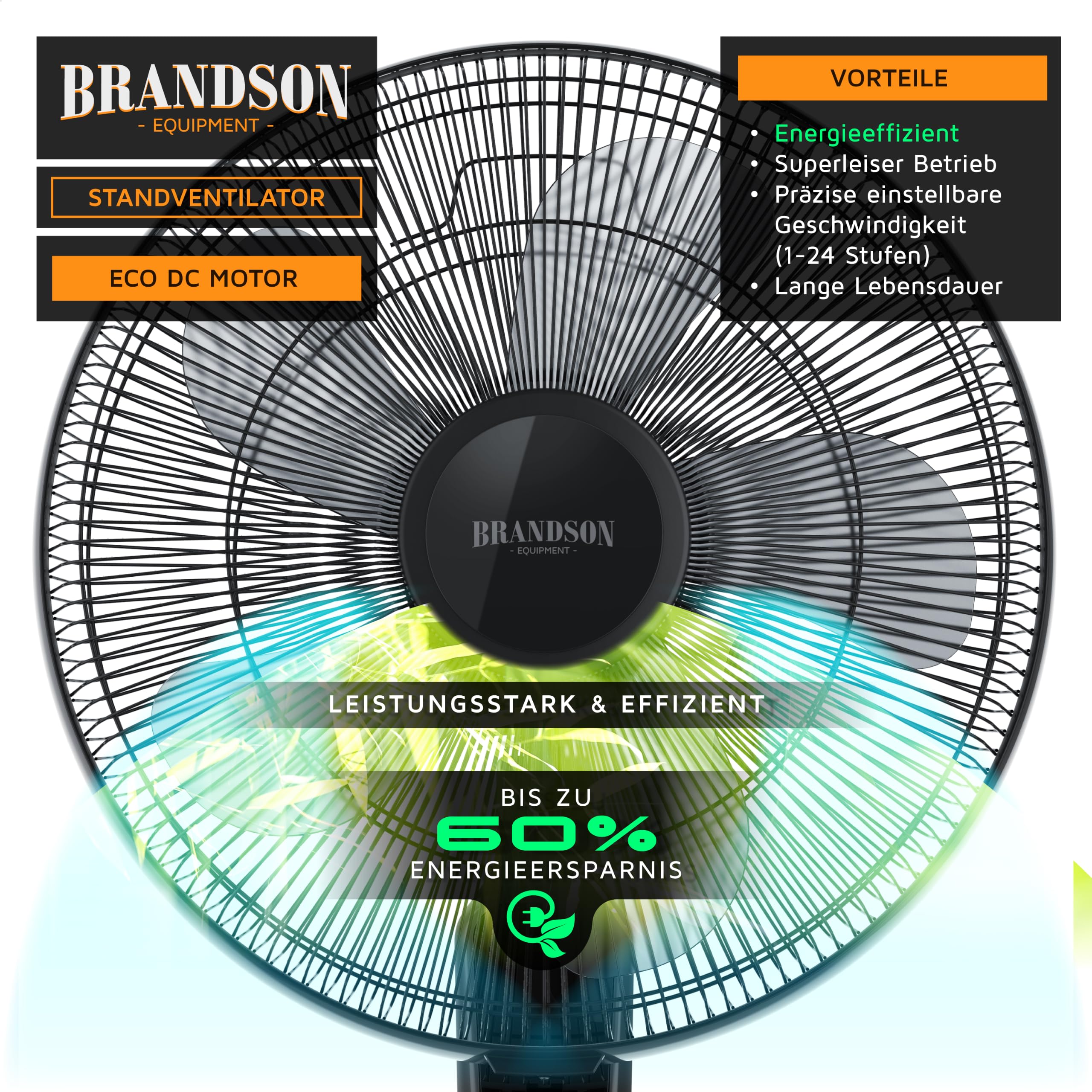 Brandson - Standventilator DC Silent mit Fernbedienung + Display - mobiler Lüfter leise, 24 Geschwindigkeiten - Oszillation 80° - Ventilator energiesparend