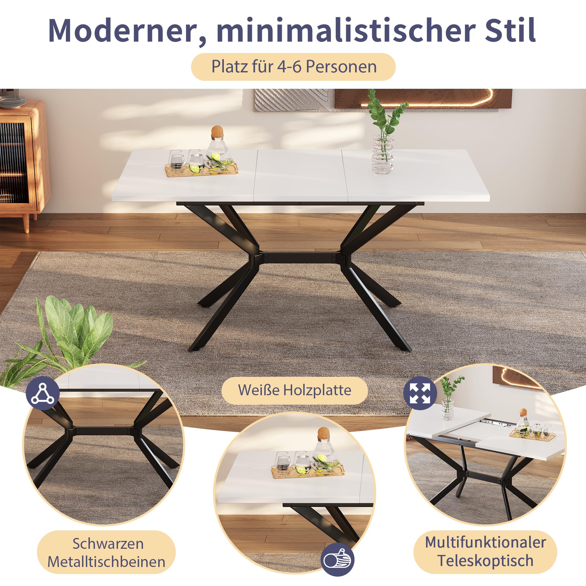 Wysuwany stół do jadalni 120/160 x 80 cm metalowe nogi drewniany blat stół kuchenny dla 4-6 osób nowoczesny drewniany stół do jadalni do salonu lub kuchni