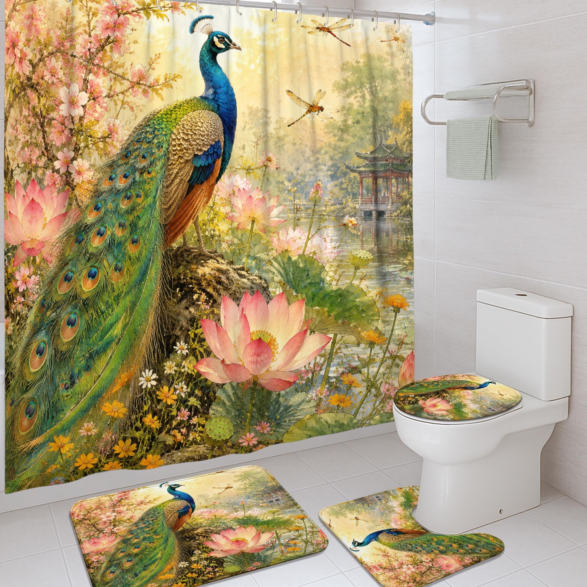 Rideau de douche polyester avec tapis de bain déco paon et fleurs 183 x 183 cm