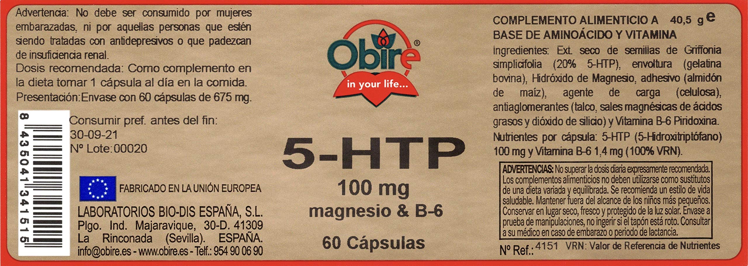 Obire | Griffonia 500 mg + Magnesio + B-6 | 60 Cápsulas | Complemento Alimenticio que Favorece la Regulación del Estado de Ánimo, Sueño y Apetito | 60 Cápsulas | Pack 3 Unidades