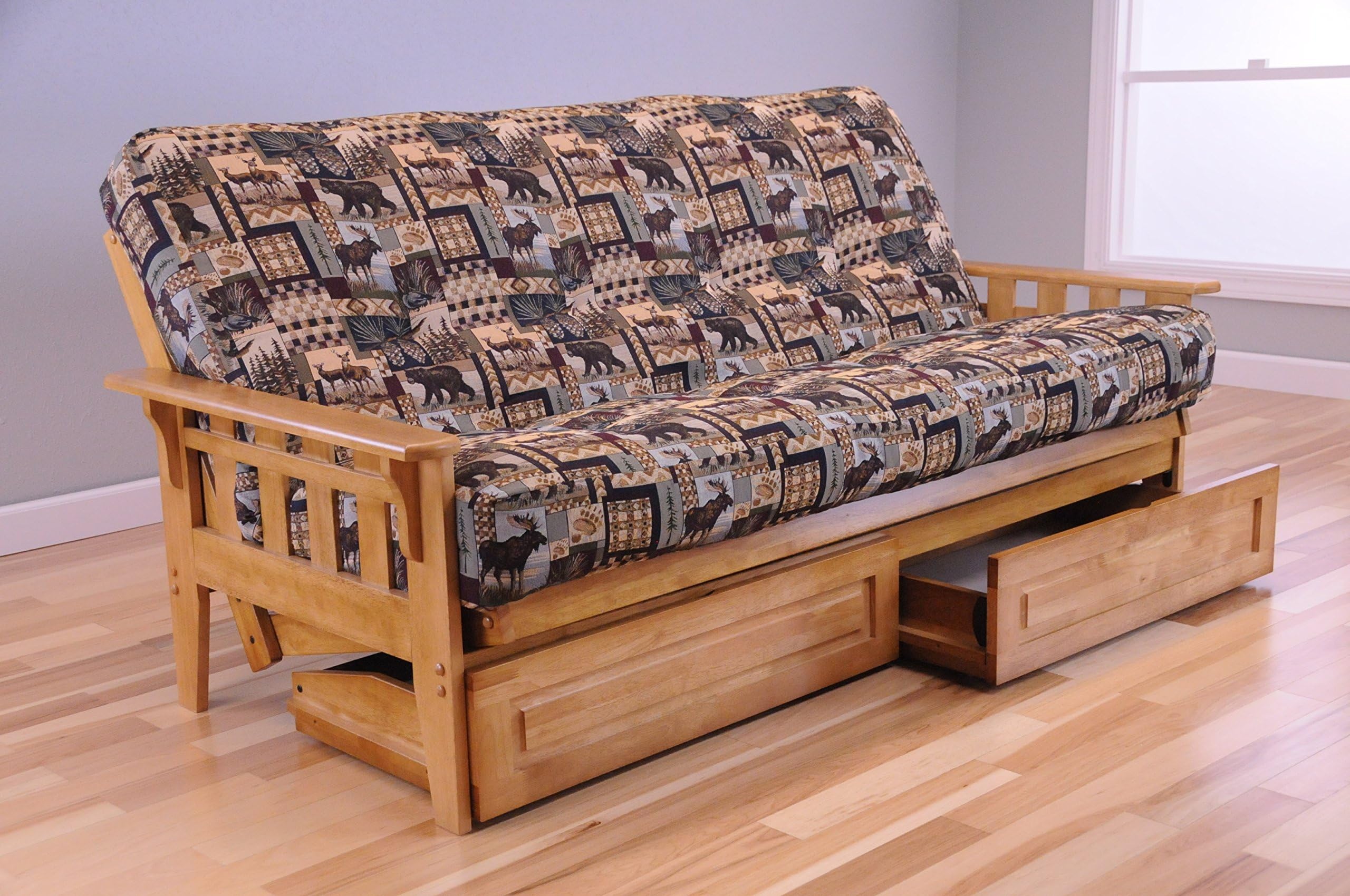 Wooden Futon Storage Drawers Mission Style Maple Color Light Wood Frame with Full Size Mattress
